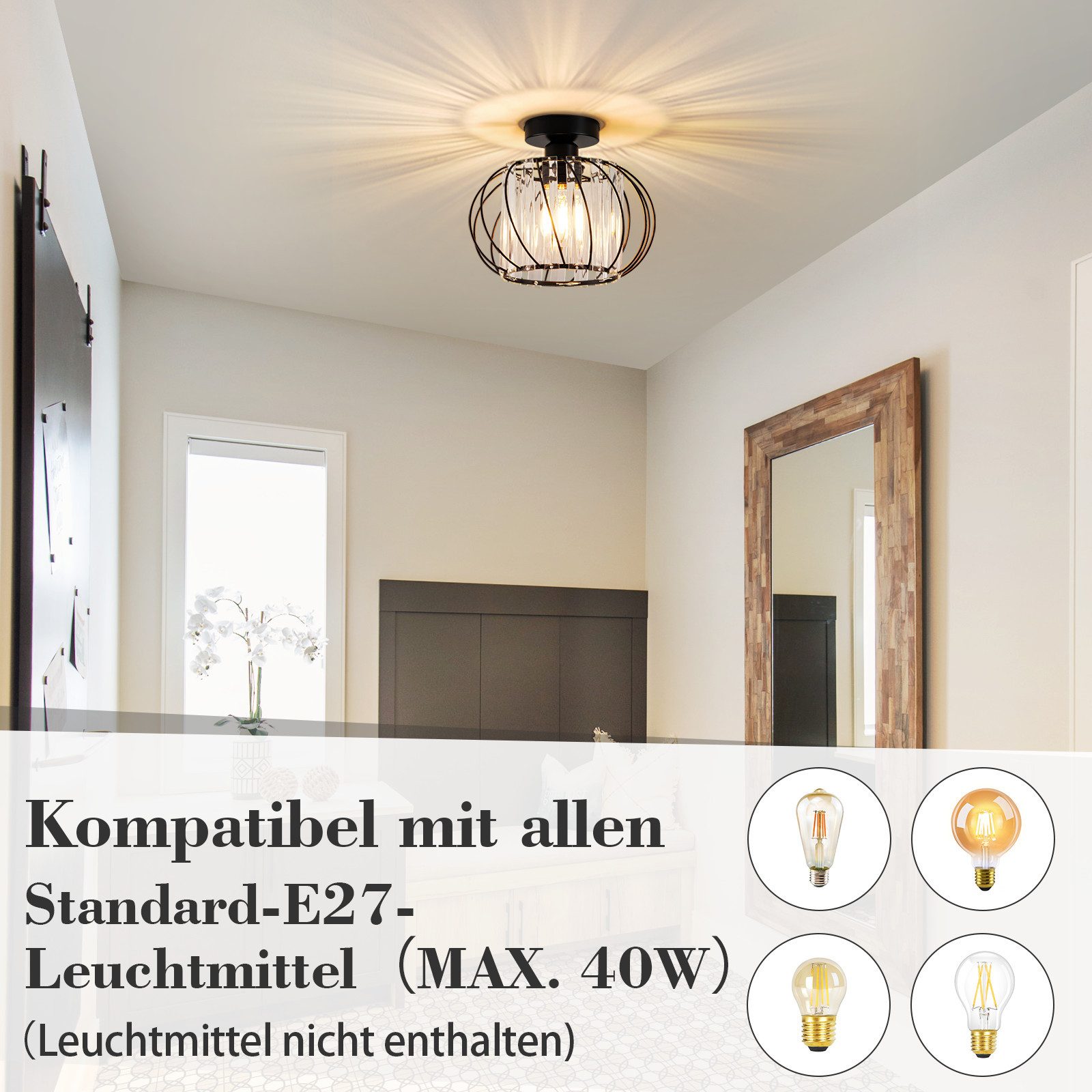 Nettlife Deckenleuchte Vintage Schwarz Kristall Modern E27 Küchenlampe Metall Rahmen, LED wechselbar, Innen Deckenbeleuchtung für Korridor Balkon Wohnzimmer Hotel
