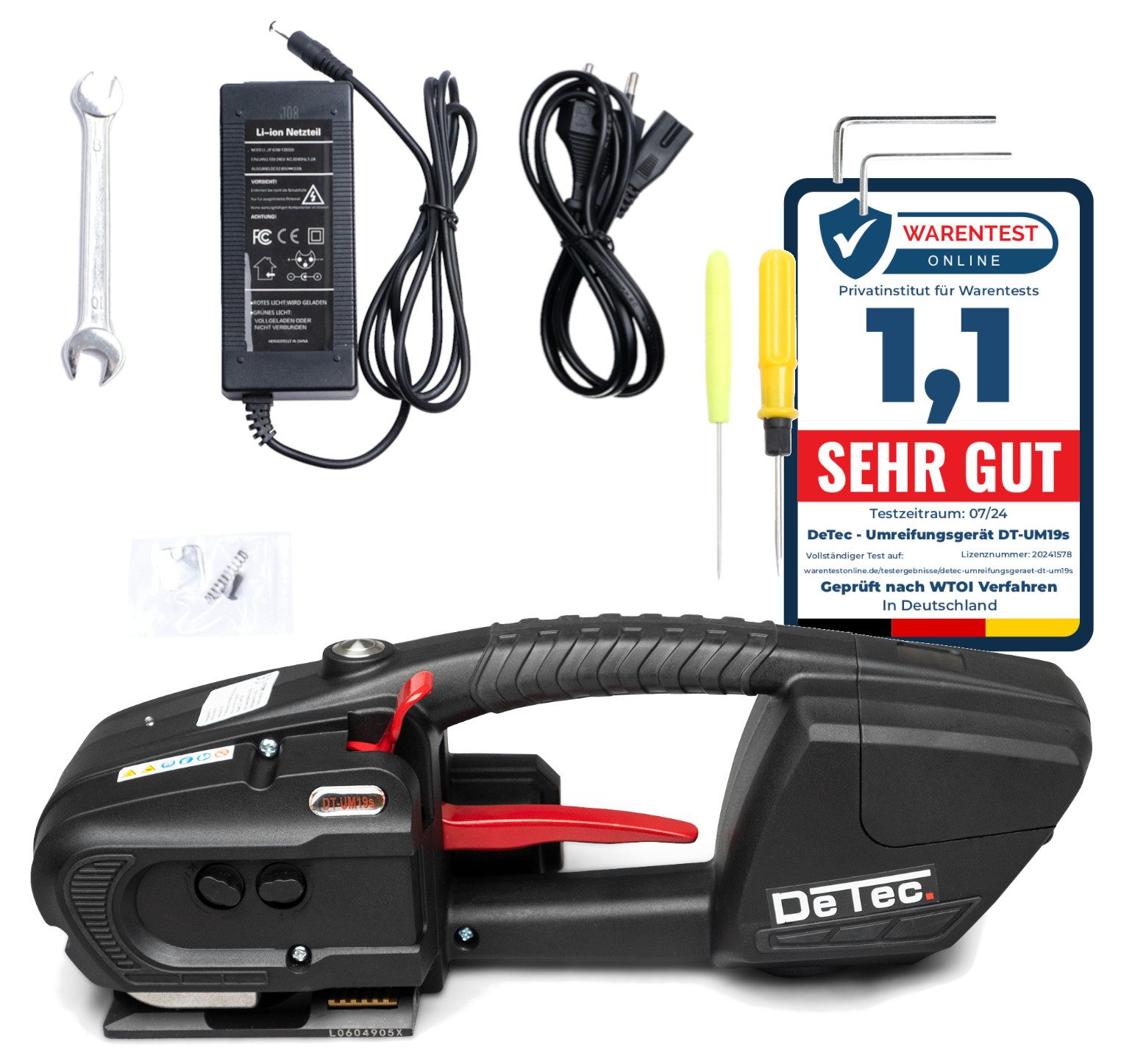 DeTec. Elektrowerkzeug-Set DT-UM19s Handumreifungsgerät mit Akku für Kunststoffbänder (PE und PP), Bandspanner, Handumreifer mit 1x 4,0 A/H Li-Ionen Akku