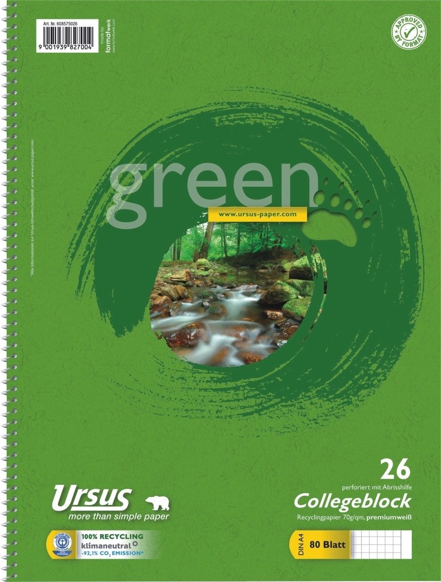 Ursus - Ludwig Bähr Notenblock Kollegblock green A4 70g/qm kariert Lineatur 26 VE=80 Blatt