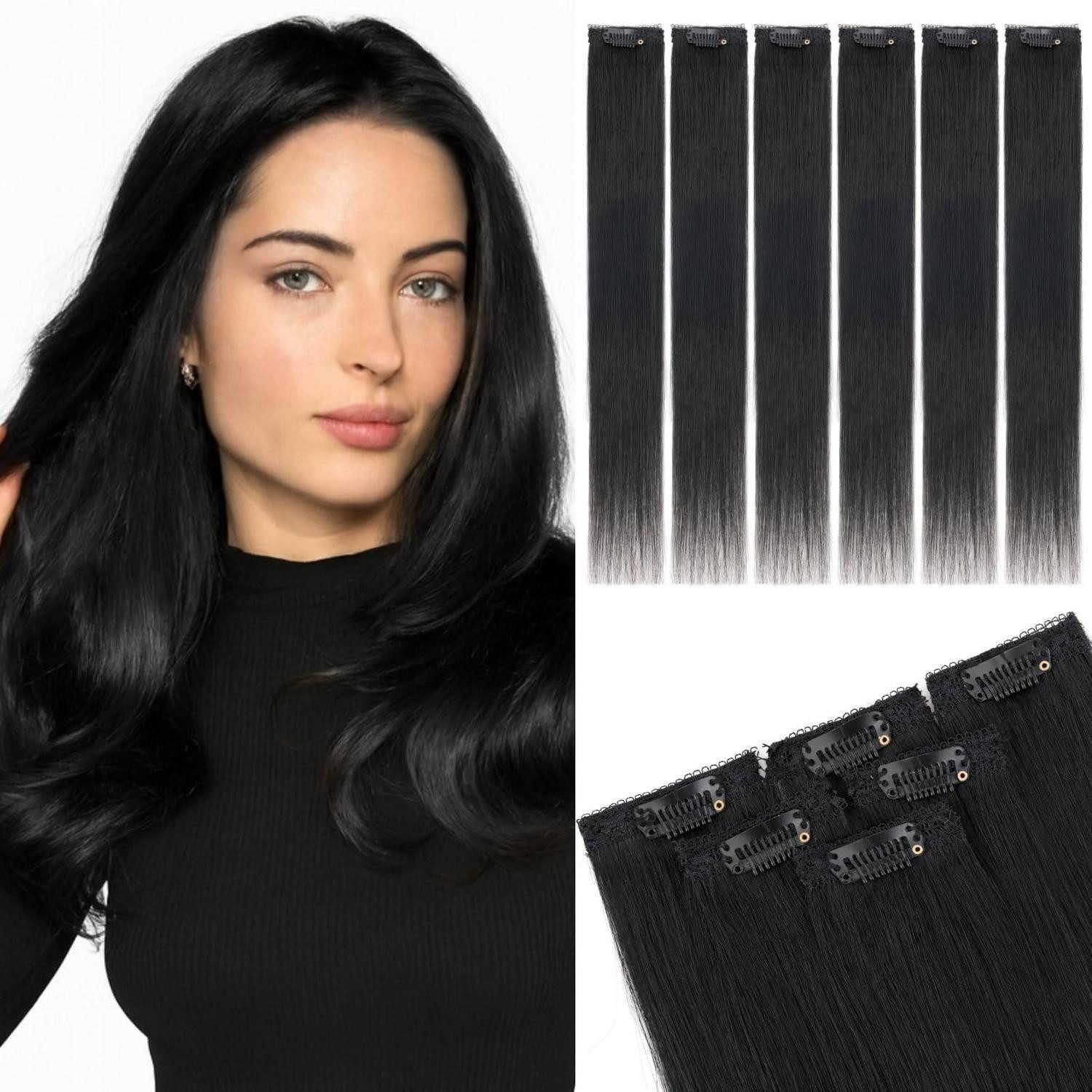 Echthaar-Extension Haarverlängerung Clip in Echthaar 50cm 6Stück 01 Schwarz 50cm-44g