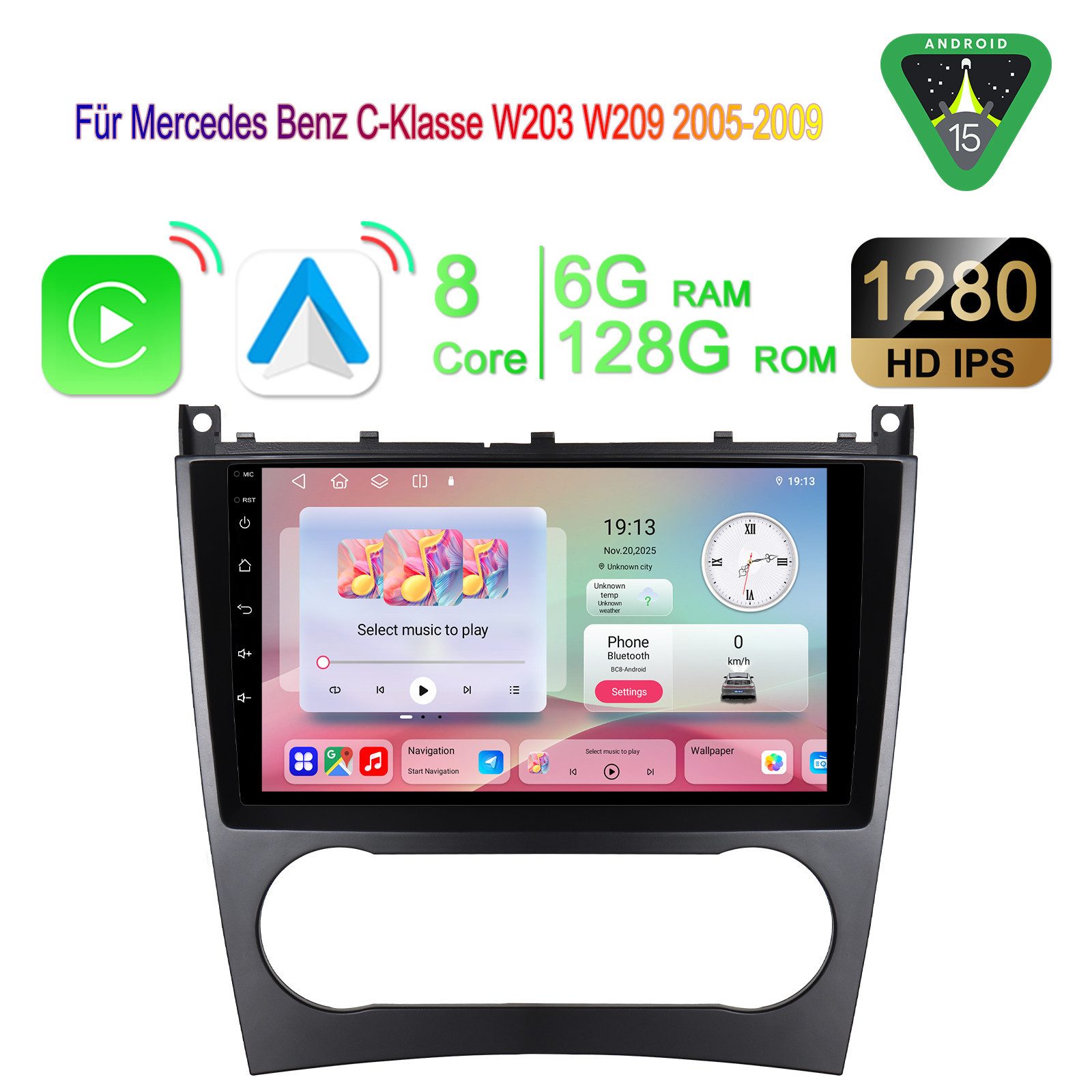 A-Sure Android 15 Carplay Für Mercedes Benz C-Klasse W203 W209 2005-2009 Autoradio (8Core, 4 Core, Digitalradio (DAB), FM, AM, 1280*800 IPS Screen)