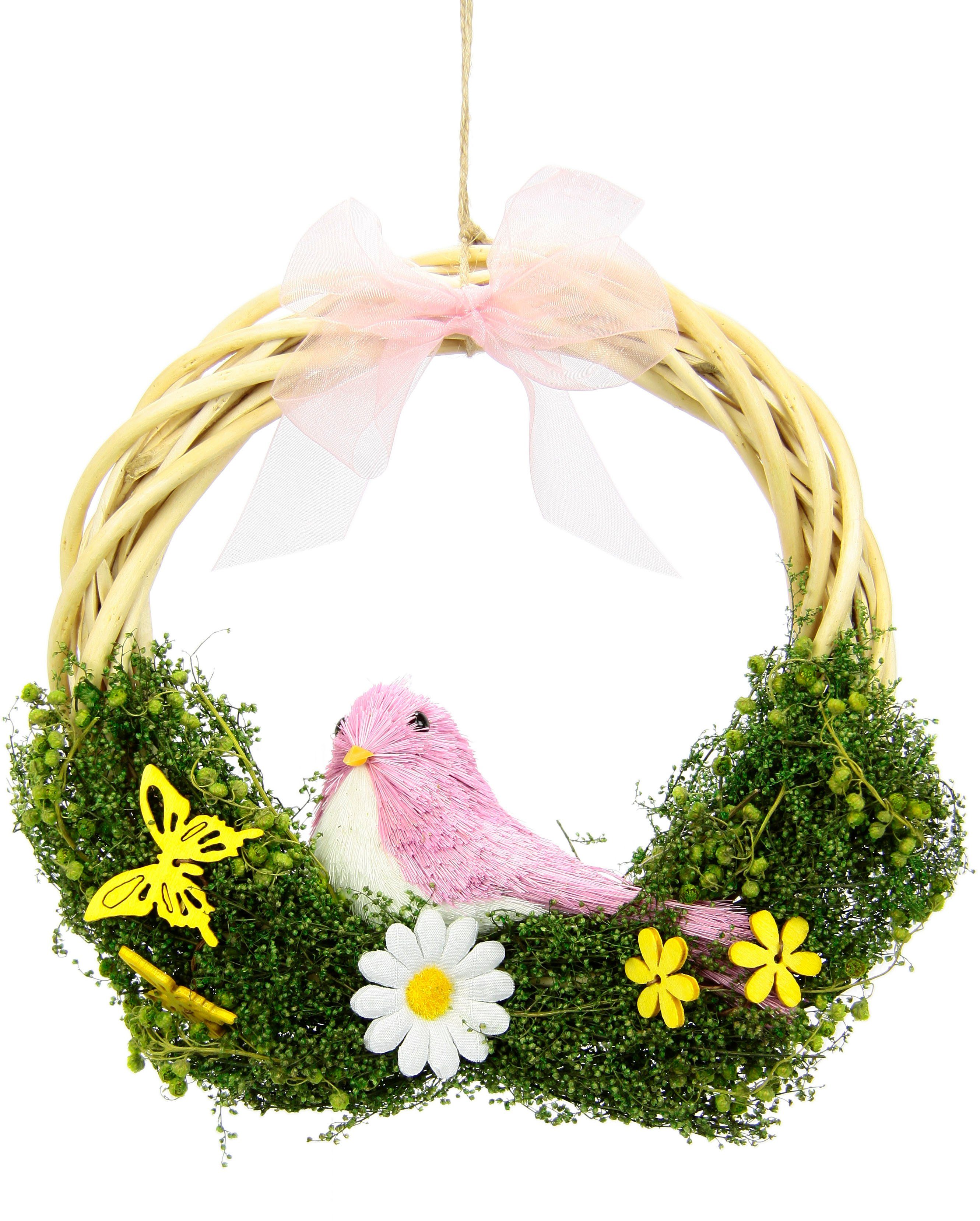 Kunstkranz Mit Blüten, Vogel und Schleife, I.GE.A., Höhe 20 cm, aus Rattan, Türkranz