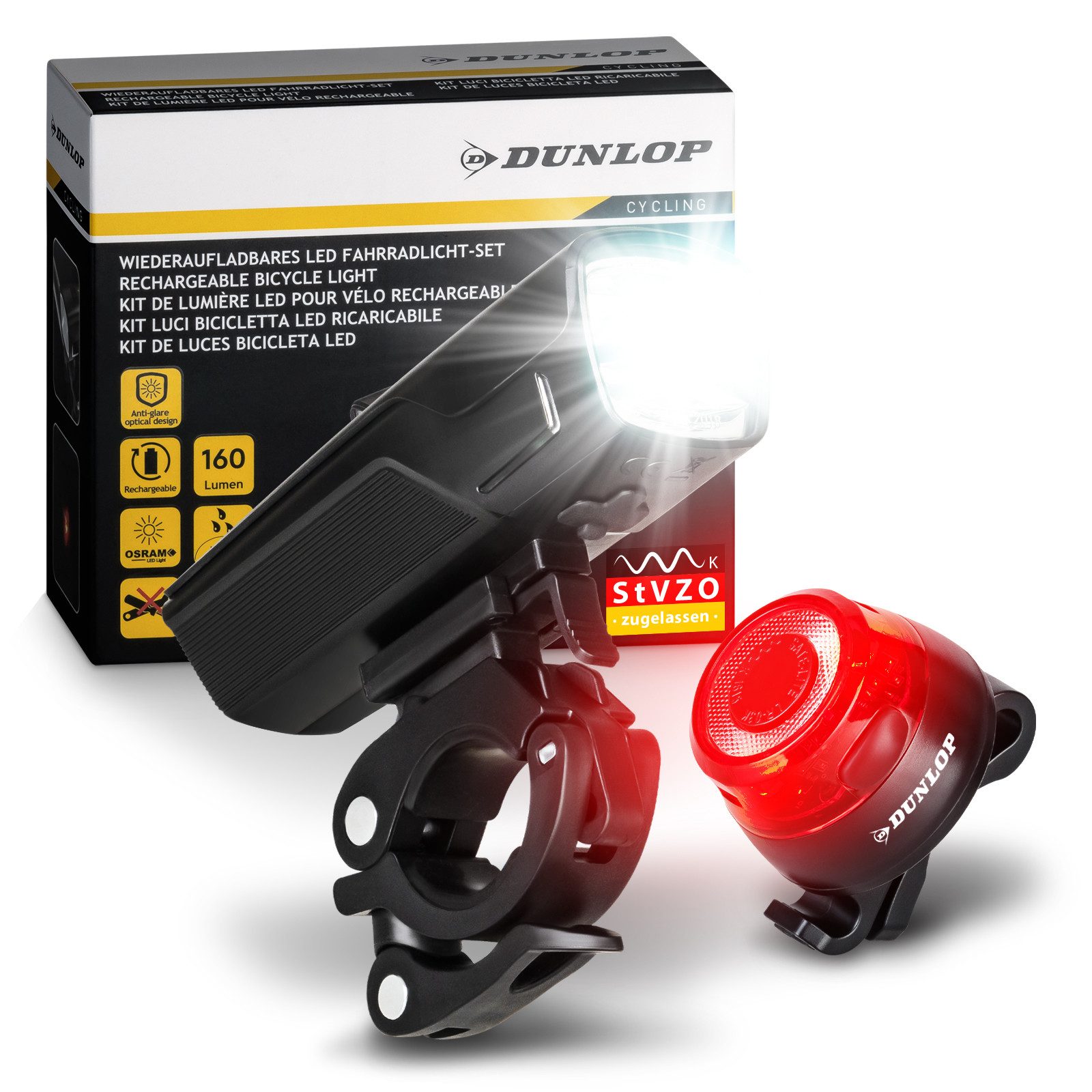 Dunlop Fahrradbeleuchtung Fahrradlicht Fahrrad Licht - Extra helles LED Licht, Hochleistungs-Akku - Fahrradbeleuchtung StVZO zugelassen