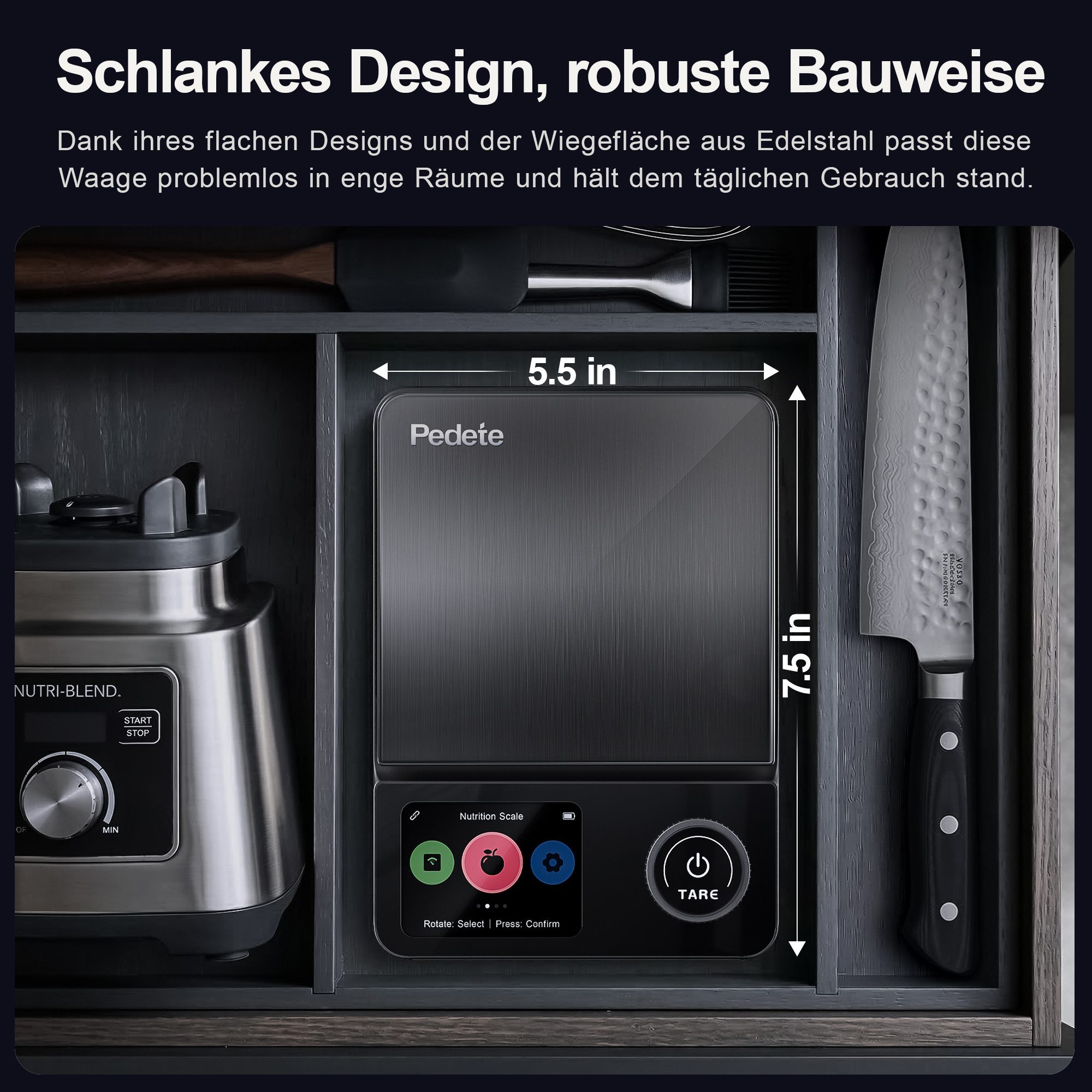 pedete Küchenwaage Digitale ProfiFein waage Kitchen Scale mit LCD Display, (Bluetooth-Verbindungs-App,Kaloriendatenanalyse, 5kg Digitale Kuchenwaage aus Edelstahl), optionaler Nährwertanalyse,Tara-Funktion Zahnrad-Taste