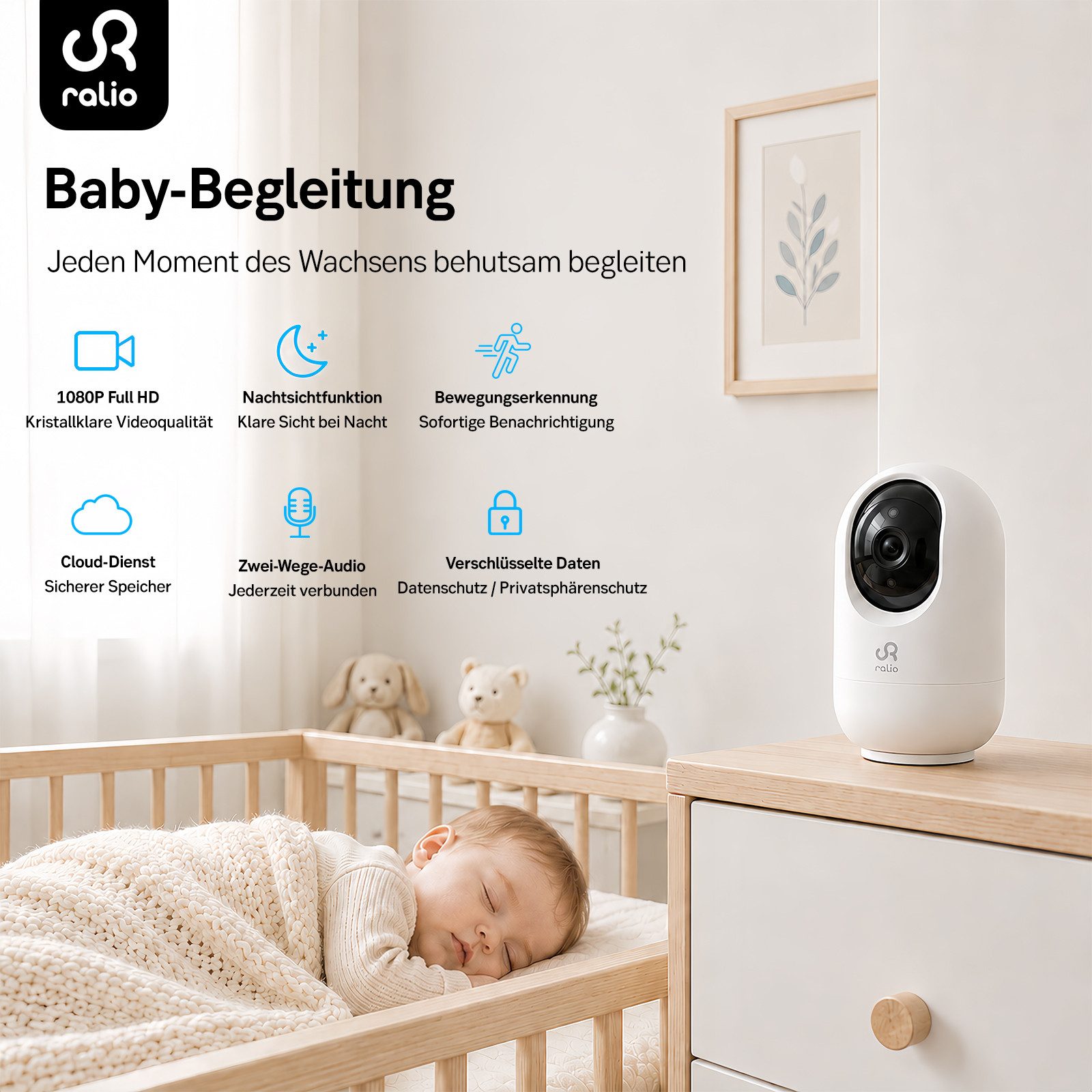 Ralio Babyphone Kamera WLAN 2K 3MP, Video Babyphone mit App Steuerung, Nachtsicht, Bewegungserkennung, Zwei-Wege-Audio mit Sprachfunktion, 1-tlg., Sichere Cloud Speicherung & SD Karten Unterstützung bis 256GB, Sicherheitskamera Innenbereich für Baby, Familie & Haustier