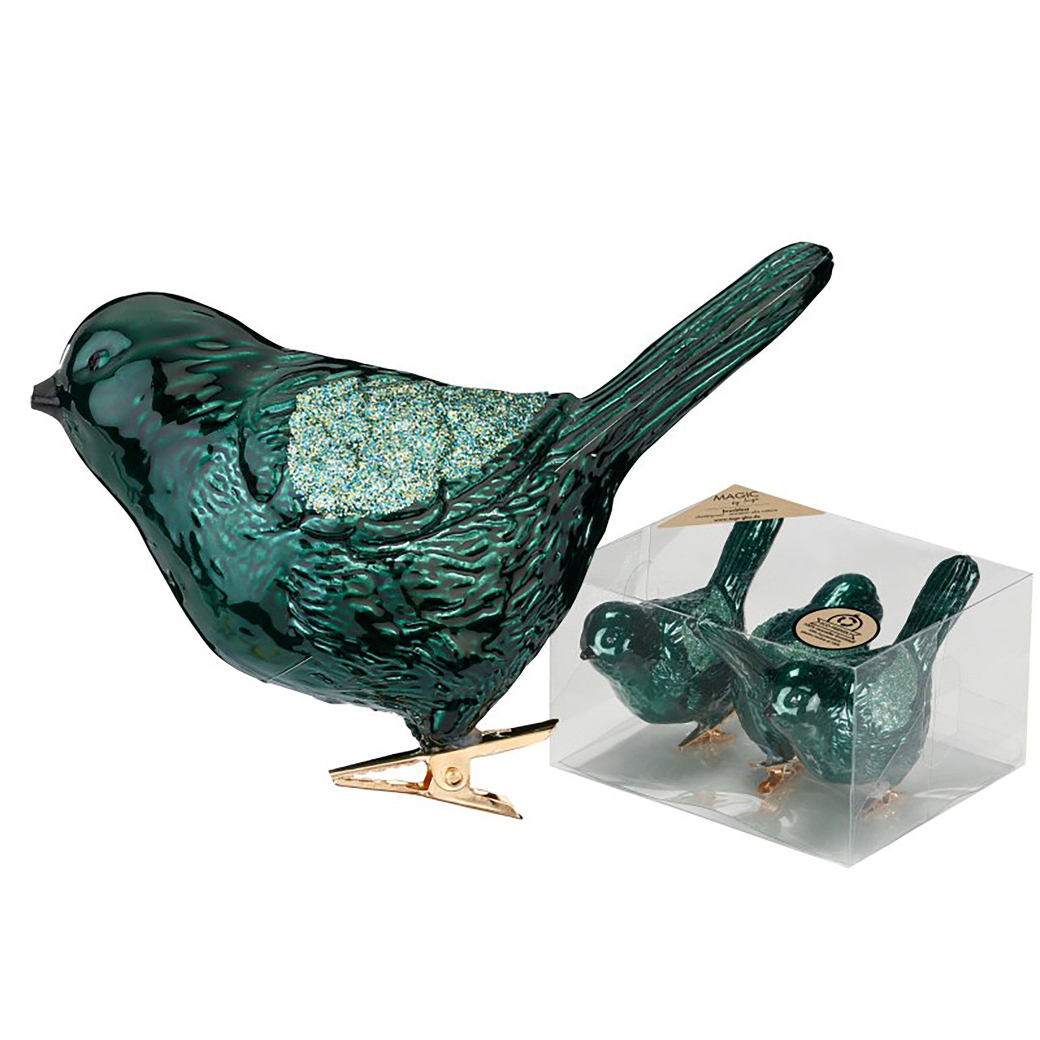 MAGIC by Inge Christbaumschmuck, Christbaumschmuck Vögel auf Clip 9cm Kunststoff 3er Set - Noble Green