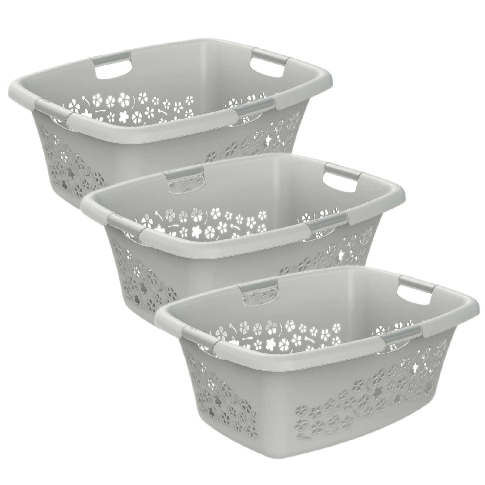 Kunststoff Wäschekorb Flowers Grau 3er-Set BPA-frei ROTHO 50l, Wäschekorb (PP)