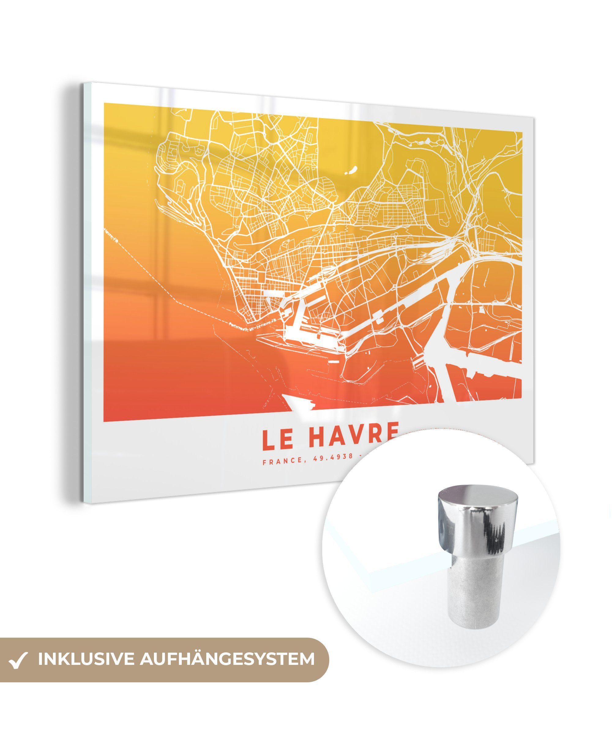 MuchoWow Acrylglasbild Frankreich - Le Havre - Stadtplan, (1 St), Acrylglasbilder Wohnzimmer & Schlafzimmer