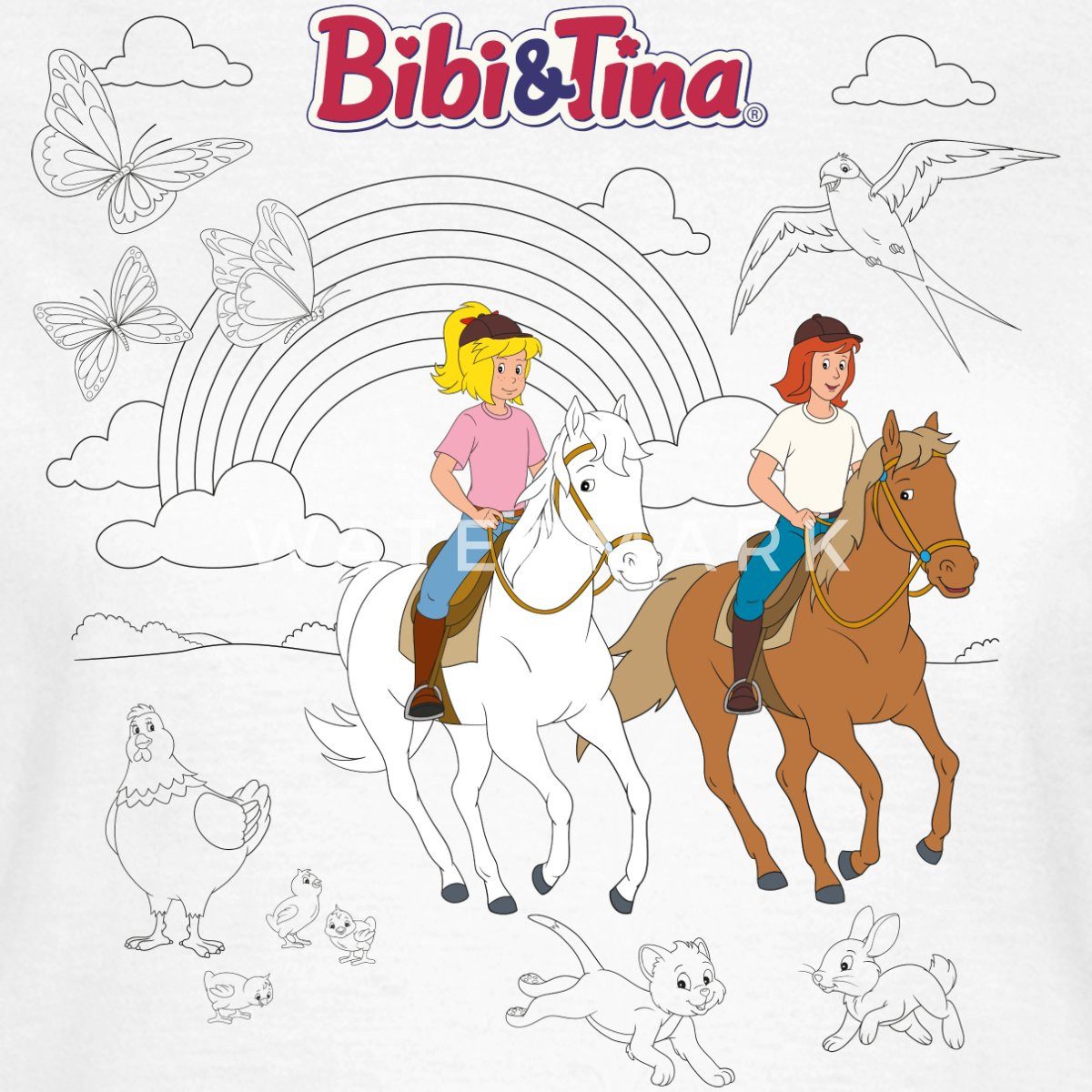 Spreadshirt T-Shirt Bibi & Tina Ausmalmotiv Mit Pferden Frauen T-Shirt (1-tlg) Slim Fit, fällt klein aus