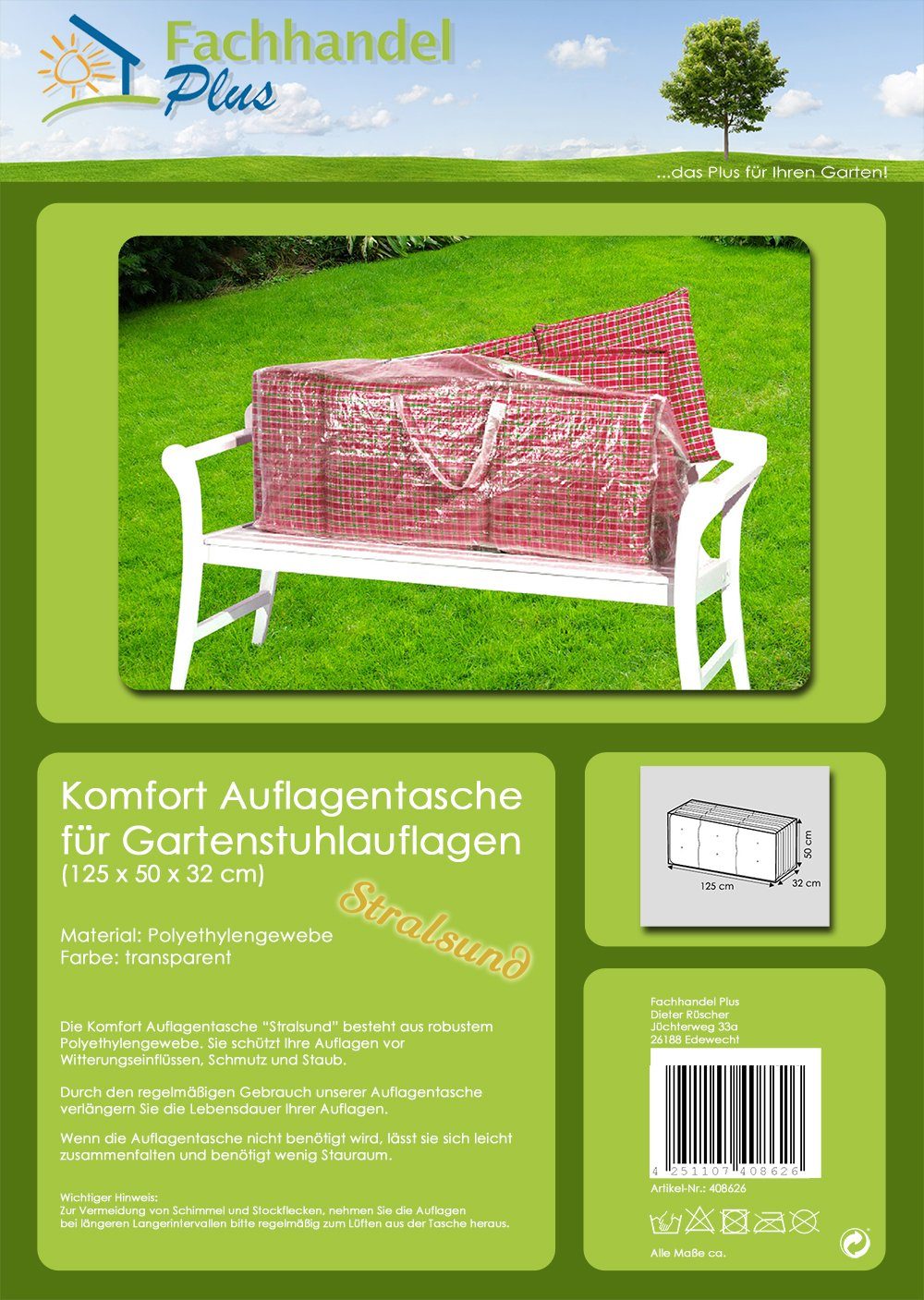 für Auflagen Fachhandel 125x32x50cm Hochlehner Schutzhülle Plus Gartenmöbel-Schutzhülle Sitzkissen