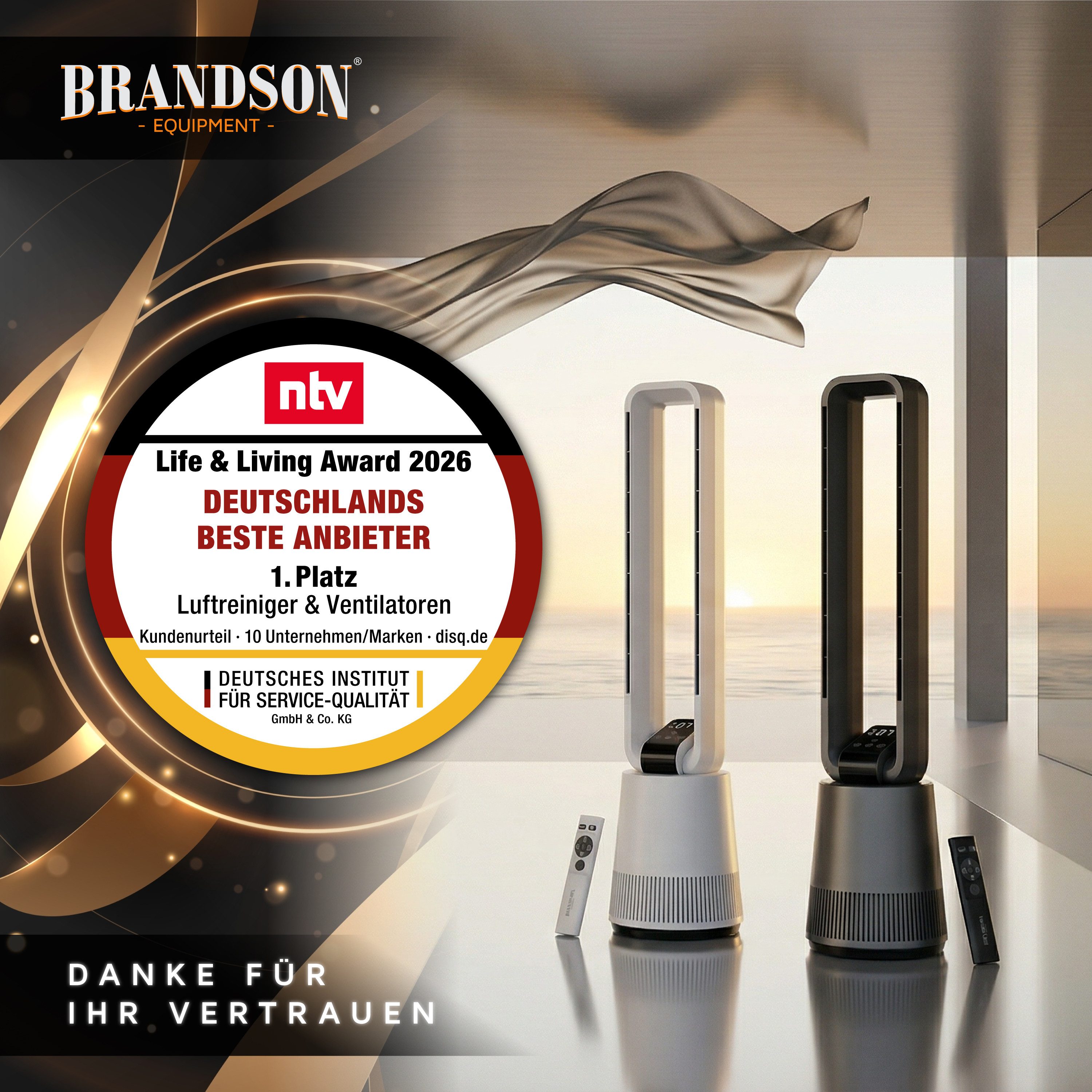 Brandson Turmventilator Oszillation 40°, DC-Motor, Fernbedienung, Timer, Säulenventilator 97cm, NTV Sieger 2026, 12 Stufen, 3 Modi, Touch-Bedienung, leise, rotorlos