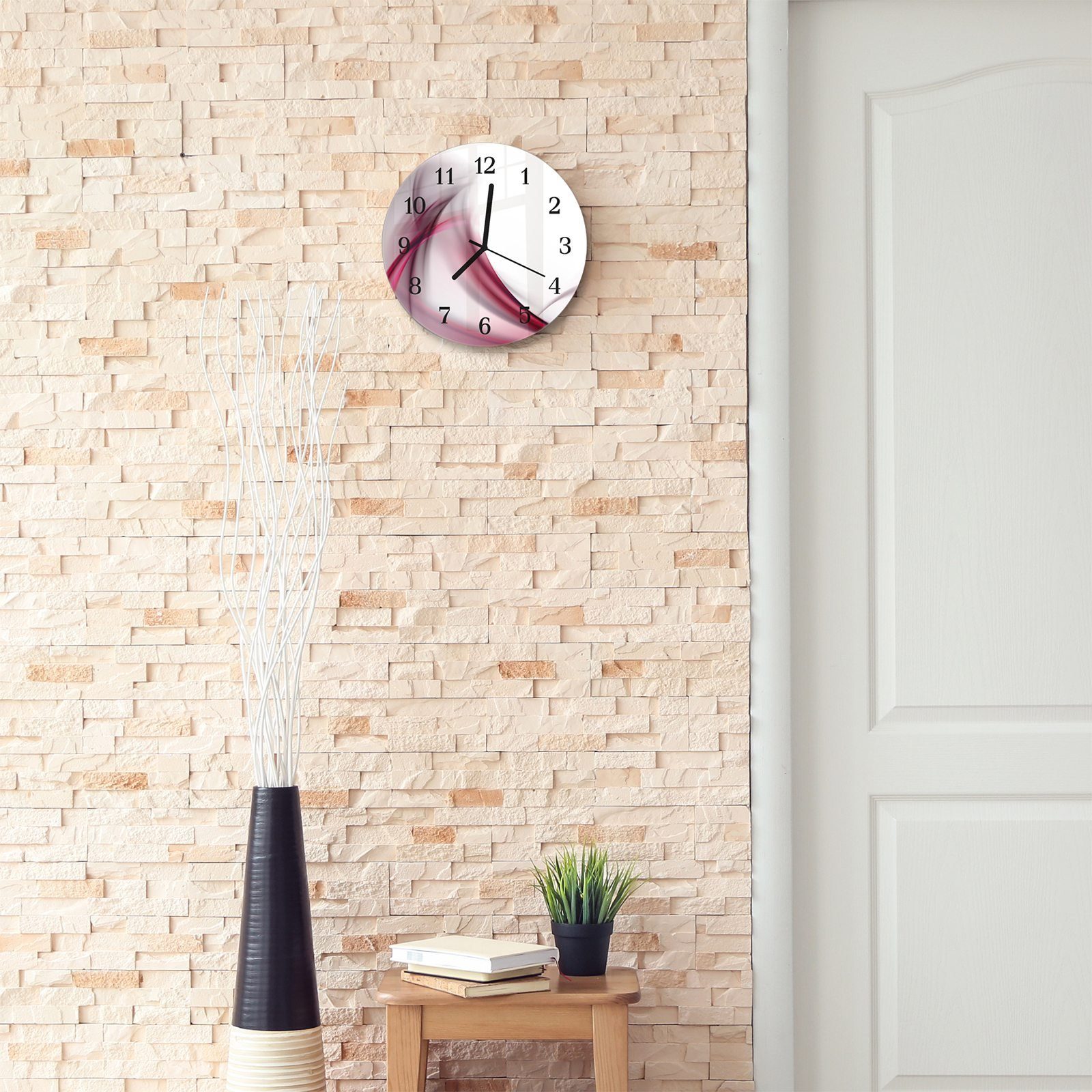 Rund und Wanduhr Abstrakte Quarzuhrwerk - Primedeco mit mit Durchmesser 30 cm Motiv Glas Rotweinwelle Wanduhr aus