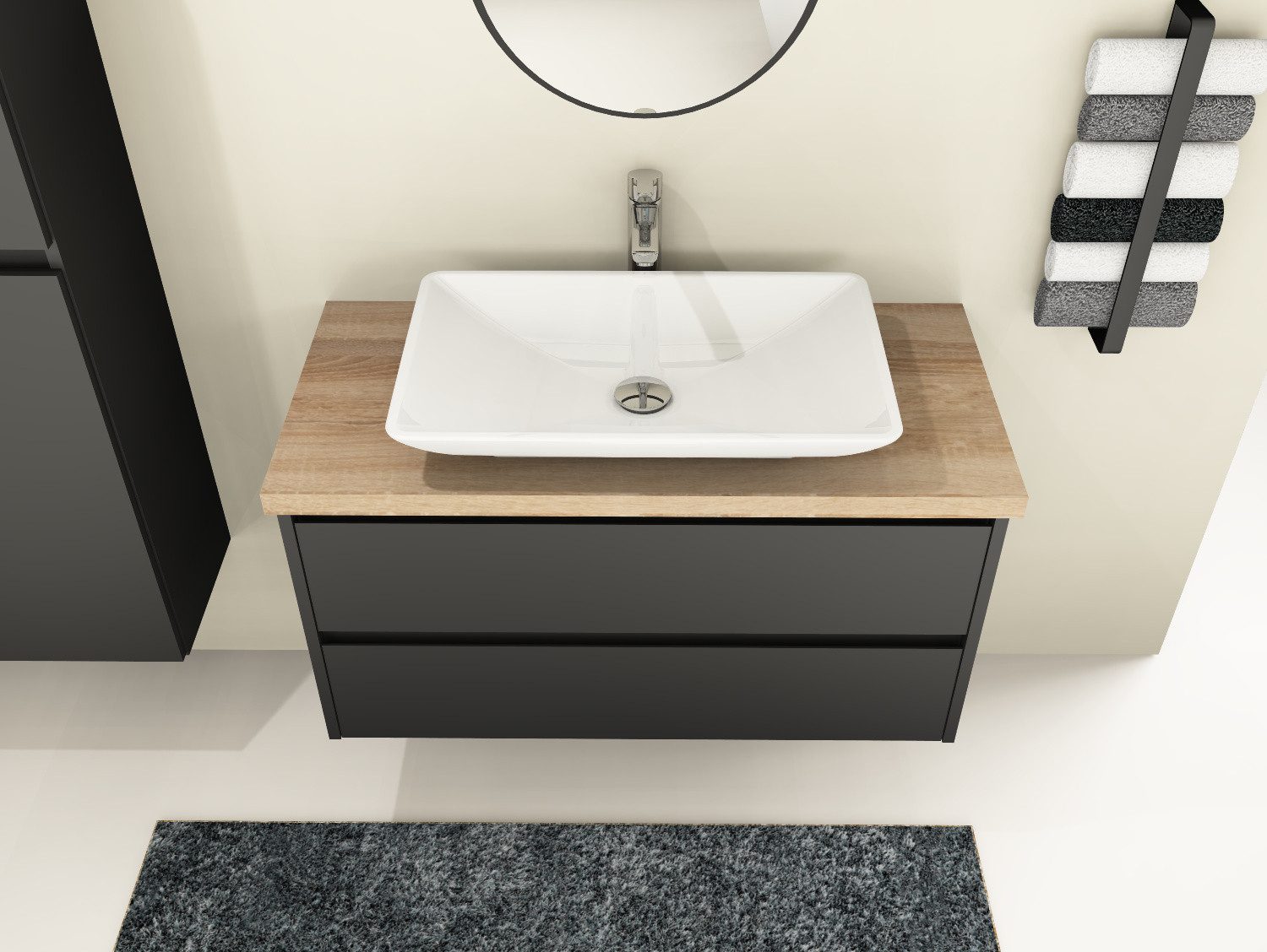 Aqua Bagno Badmöbel-Set Duo Badmöbel 100 cm Anthrazit Matt Lackiert mit Trägerplatte & Keramik, (Badschrank vormontiert, 3-St., Badmöbelschrank mit Trägerplatte, Waschbecken), einfache montage