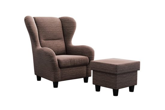 MÖBELFREUDE Ohrensessel Sessel SAVANA Braun, Wohnzimmersessel mit Hocker