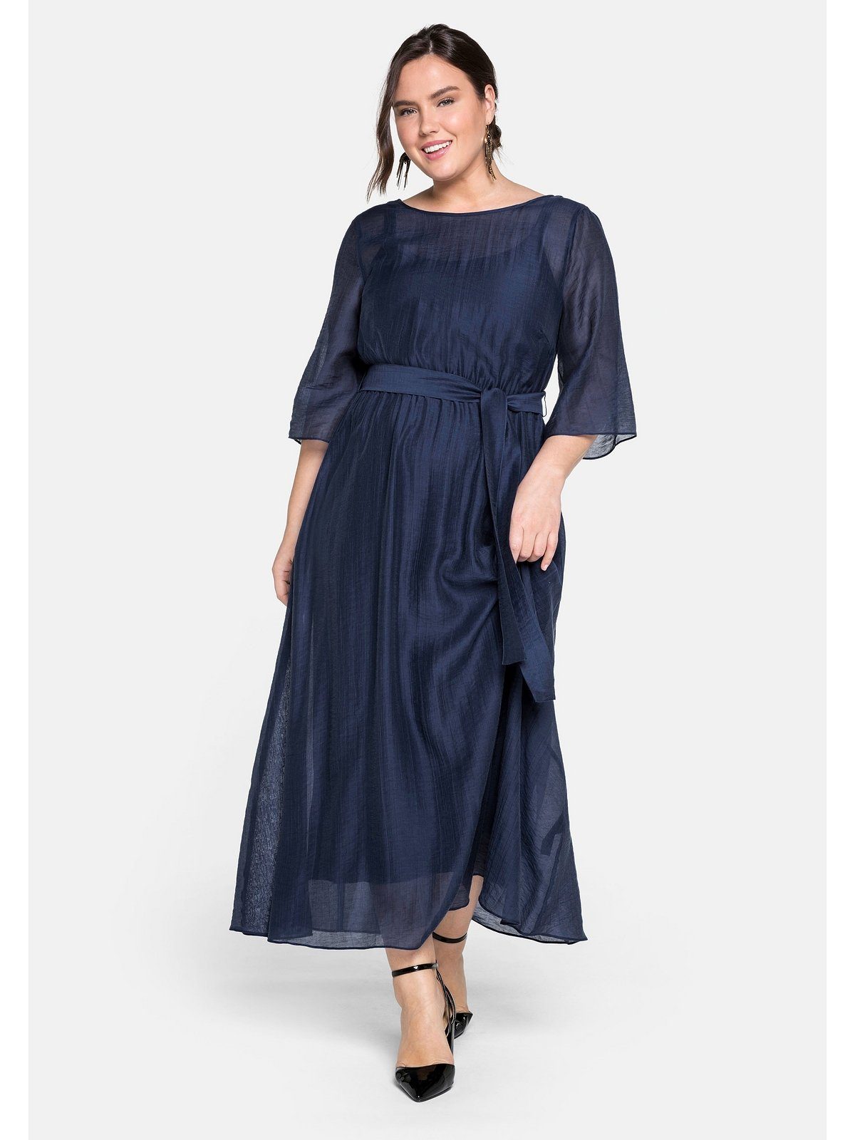 Sheego Abendkleid Große Größen lang in sehr weiter Form mit Bindeband dunkelblau | Abendkleider