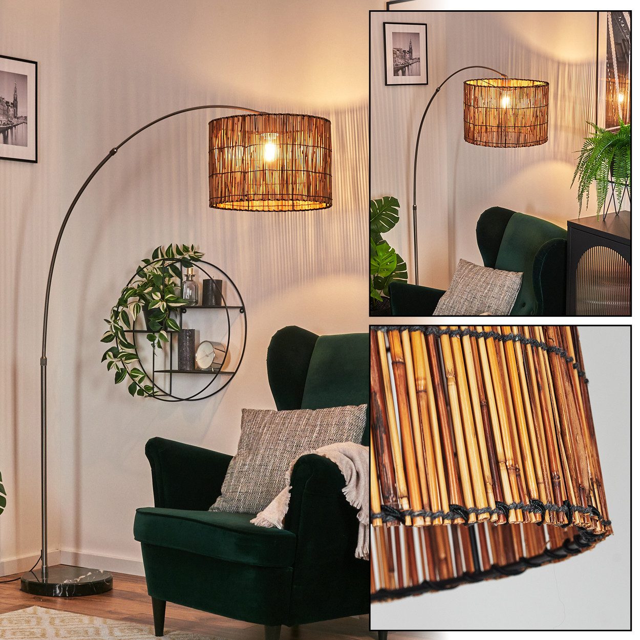 hofstein Bogenlampe Stehlampe mit Marmorfuß aus Metall/Bambus in Nickel-matt/Schwarz/Natur, verstellbare Leuchte im Vintage-Design, Lichteffekt, Fußschalter, E27