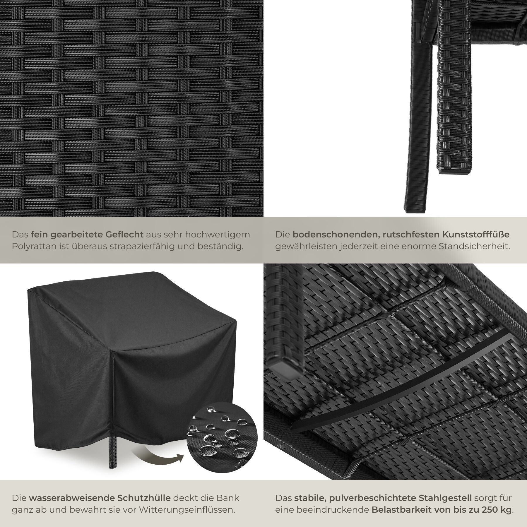 tectake Gartenbank Polyrattan Sitzbank wetterfest 2-Sitzer, mit Schutzabdeckung, 250 kg (Terrassenbank Murat, in Schwarz), Inkl. Schutzhülle, stabiles Stahlgest – Bild 5 von 5