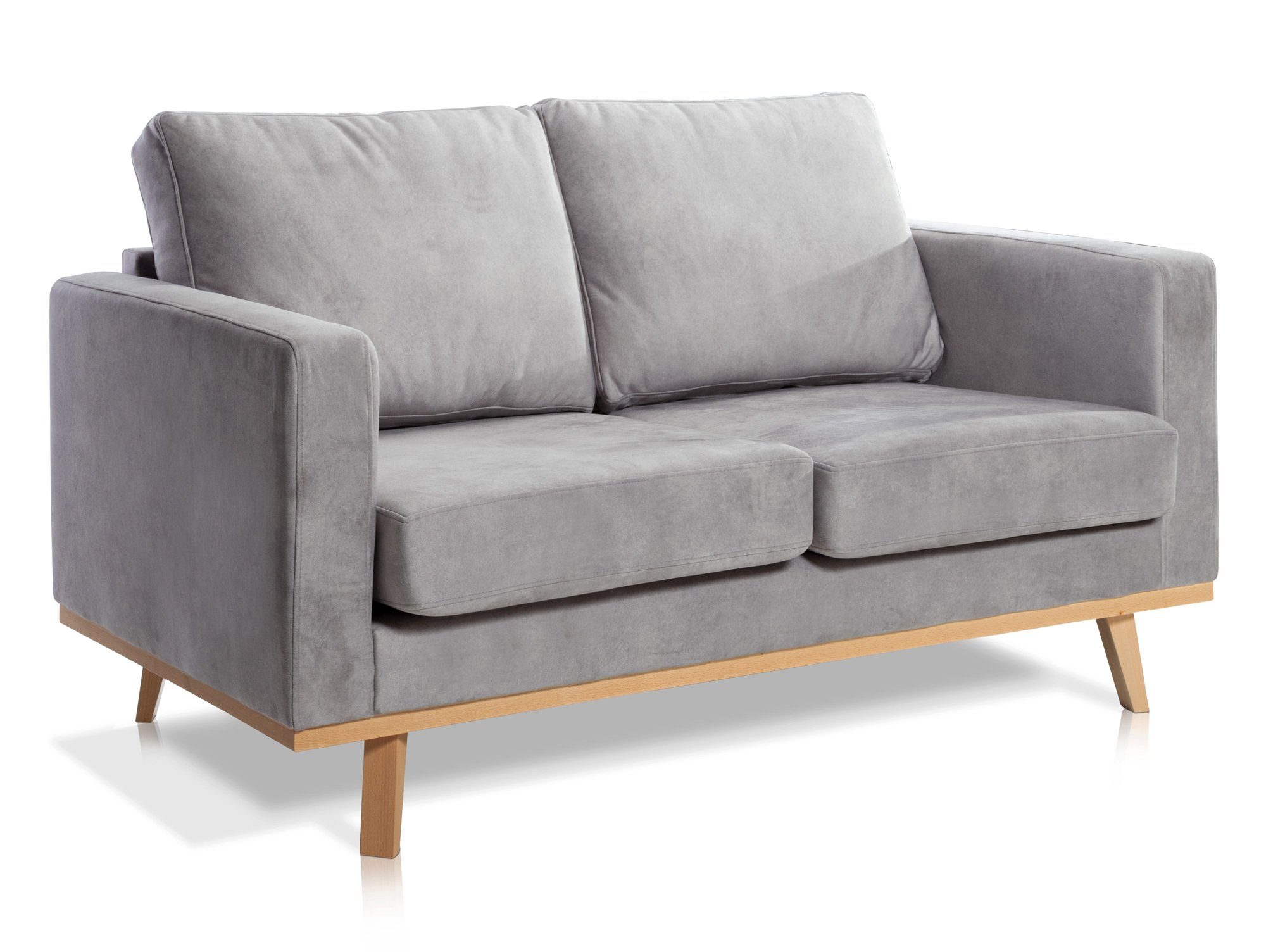 Moebel-Eins Sofa, CORIN 2-Sitzer Sofa mit Echtholz-Untergestell, Bezug in Velour-Optik Silbergrau