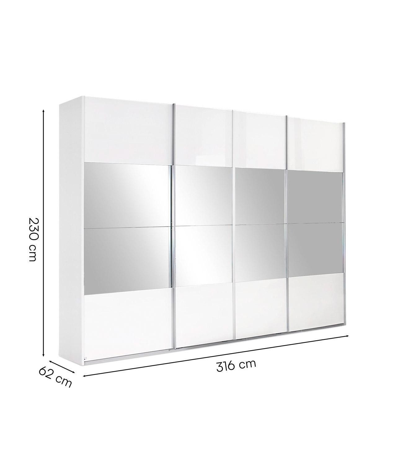 LIV'IN Schwebetürenschrank LAGOS, B 316 cm x H 230 cm, Weiß Hochglanz, 4 Türen, mit Spiegel