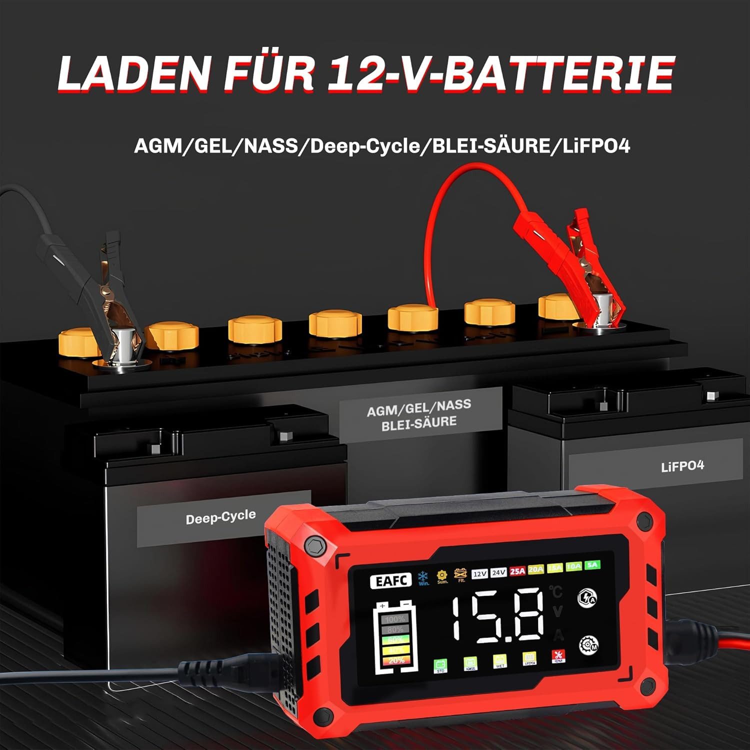Athlix Ladegerät für Autobatterie 15A, Starthilfe Schnellladung Auto Motorrad Autobatterie-Ladegerät (9-Stufen-Ladesystem, breite Kompatibilität, Blei-Säure, AGM, GEL, EFB)
