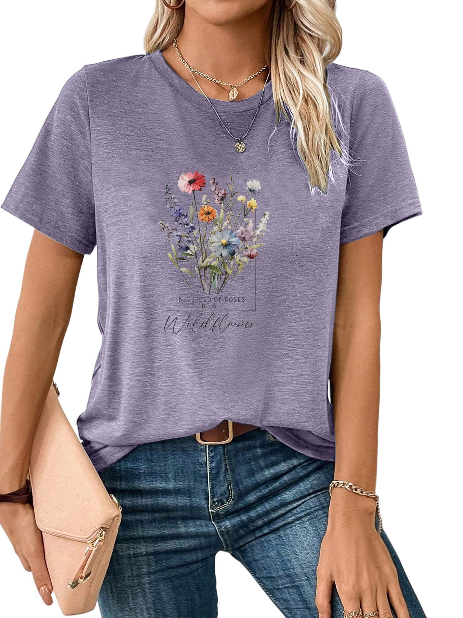 Kurzarmshirt Damen Frühling Casual bequemes t shirt mit Blumen Print-Shirt