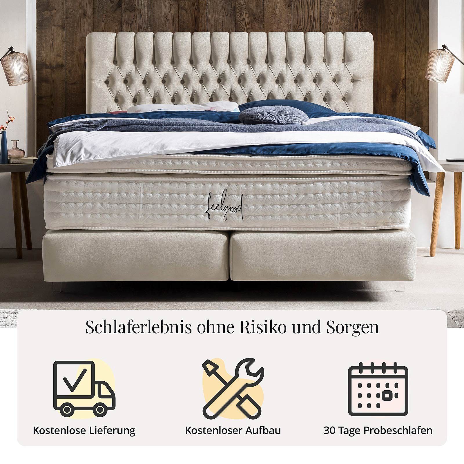 Chesterfield-Design BettCo Topper, Acryl-Füße cm), Glas-Optik 140 Chester x + optionaler 200 Boxspringbett (in Creme Samt,