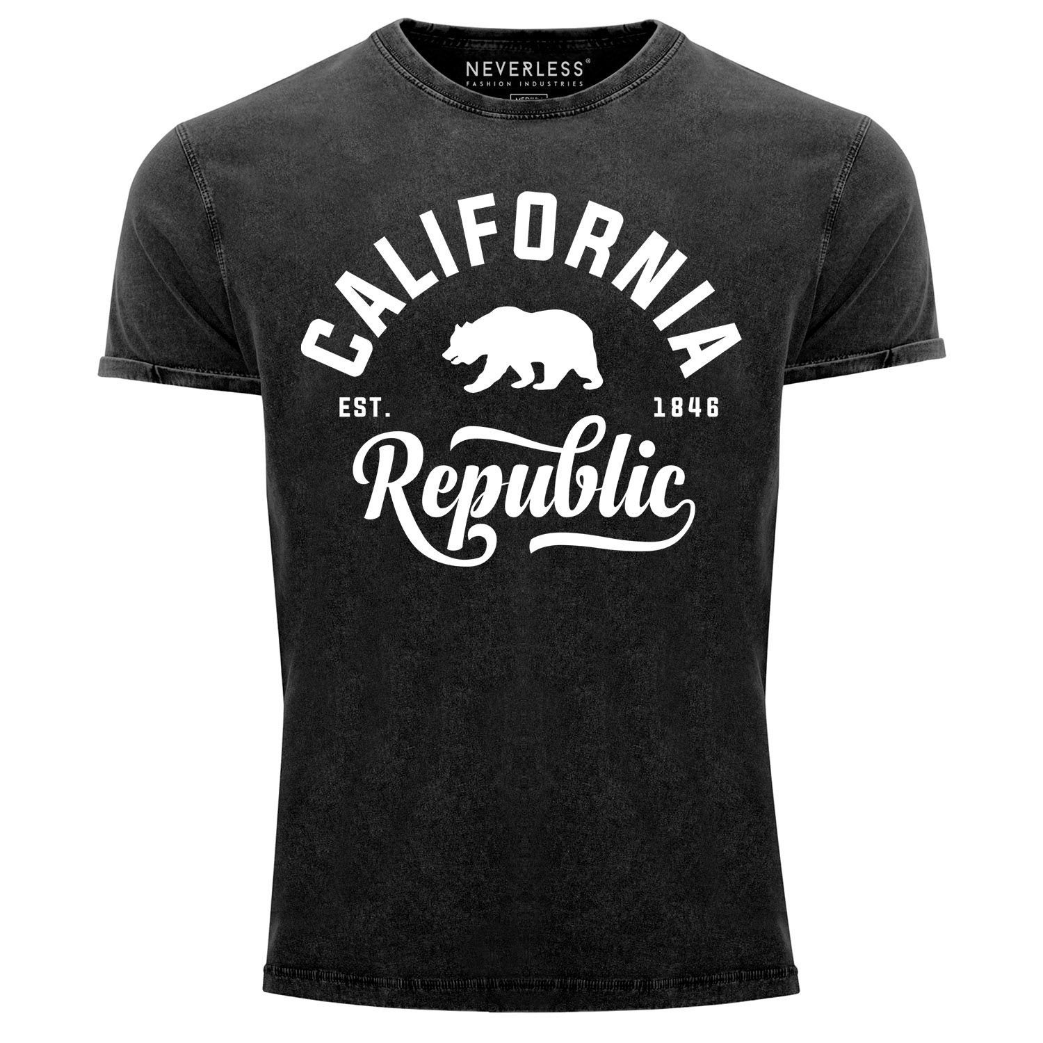 Neverless Print-Shirt Cooles Angesagtes Herren T-Shirt Vintage Shirt California Republic Bär Aufdruck Used Look Slim Fit Neverless® mit Print schwarz