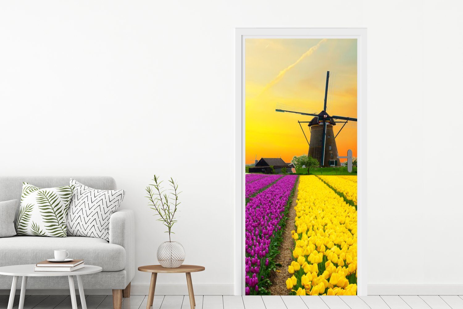 Windmühle bedruckt, Tulpen (1 Matt, Türtapete - - Frühling, Blumen St), - Türaufkleber, Fototapete für 75x205 cm Tür, MuchoWow