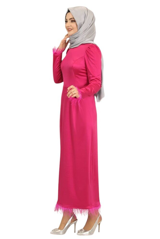 fashionshowcase Satinkleid Damen Abendkleid schlicht Abiye Abaya Modest Fashion Federdetails am Saum und an den Ärmelabschlüssen