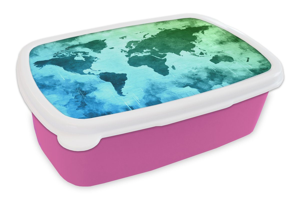 MuchoWow Lunchbox Weltkarte - Blau - Grün, Kunststoff, (2-tlg), Brotbox für Erwachsene, Brotdose Kinder, Snackbox, Mädchen, Kunststoff rosa