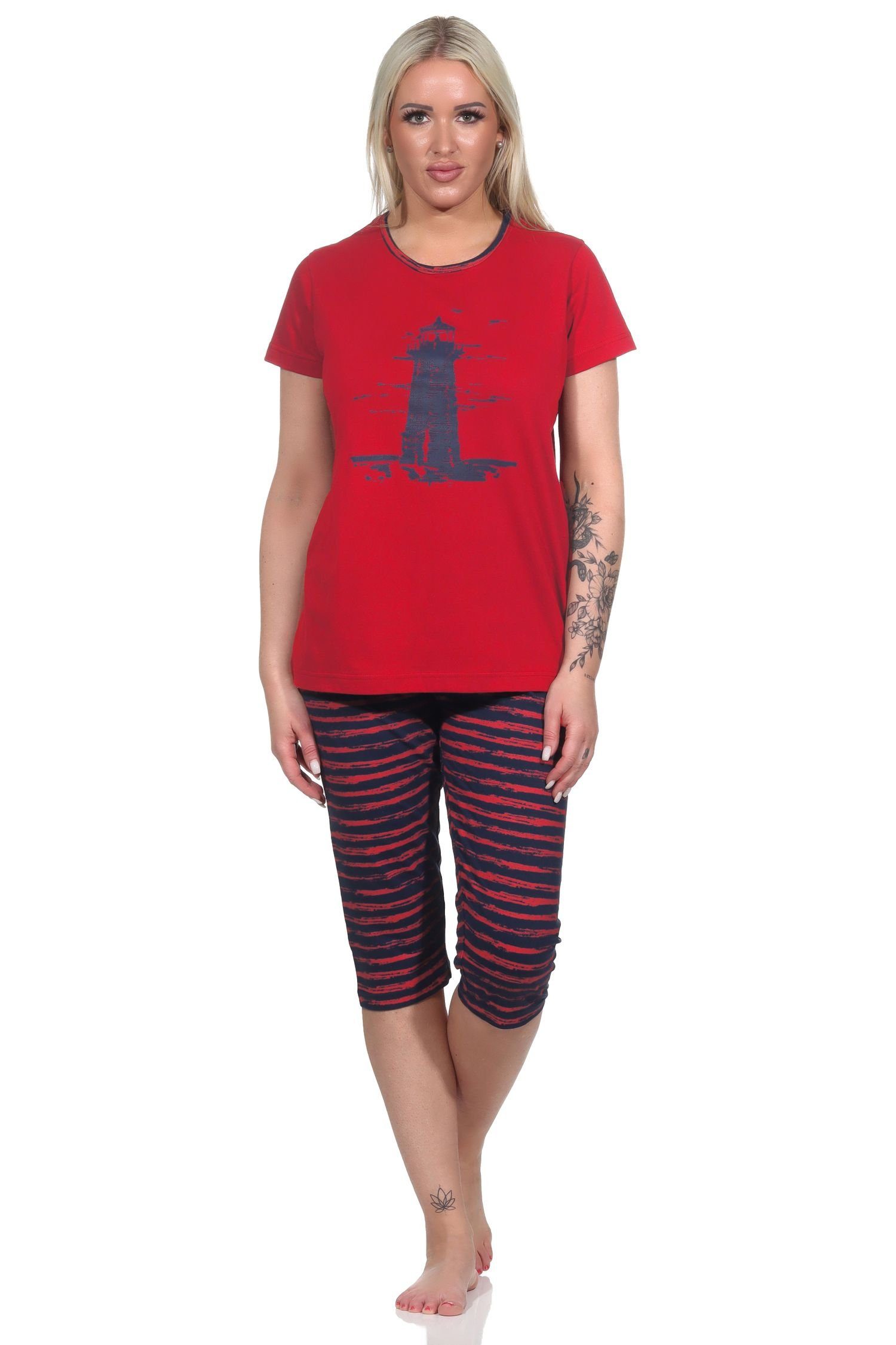 Normann Pyjama Maritimer Damen Capri Schlafanzug, Pyjama mit Leuchtturm-Motiv rot