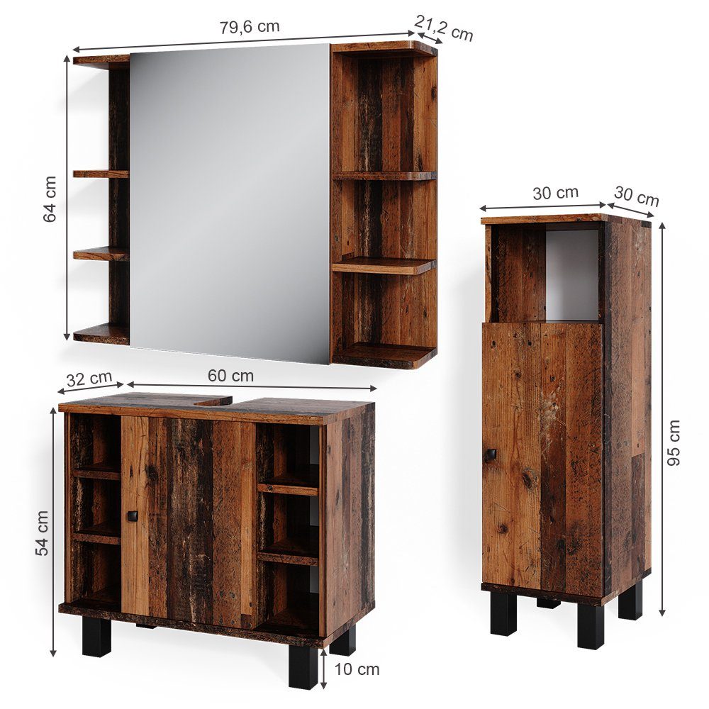 Vicco Badmöbel-Set Fynn, Antikholz, 3 Teile, mit Midischrank, (3-er Set, 3-St., 3er Set)
