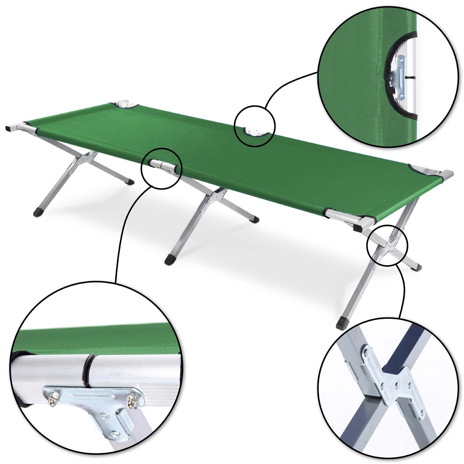 Goods+Gadgets Faltbares aus Grün Aluminium Feldbett (Campingbett, Army-Bett Gästebett Klappbett)