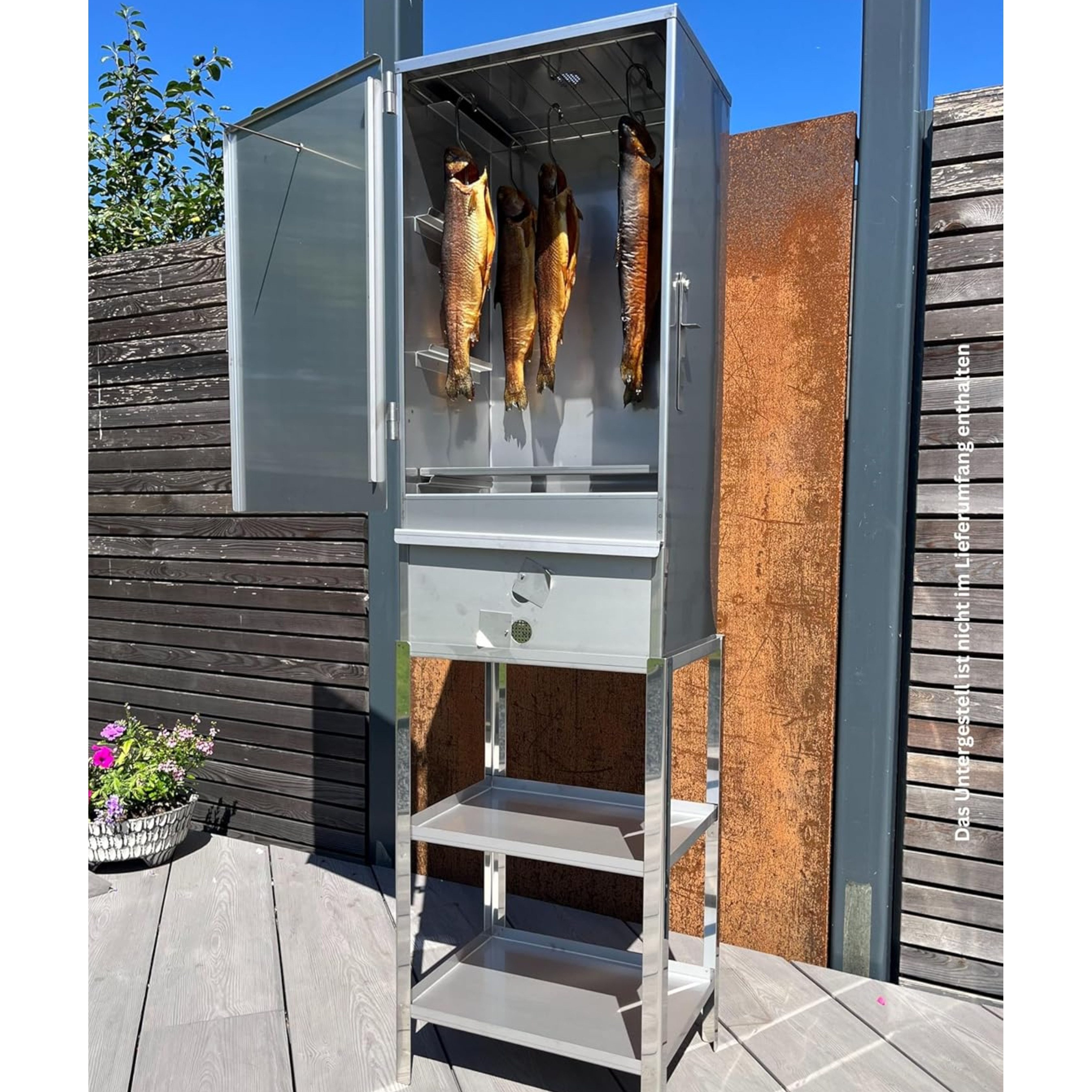 Jaeger Räuchereiprodukte Räucherofen OCTO Edelstahl 80x40x27 cm mit Thermometer & Lüftung, Flachrost, Glutkasten, Tropfblech, Thermometer 250°C, 500g Mehl