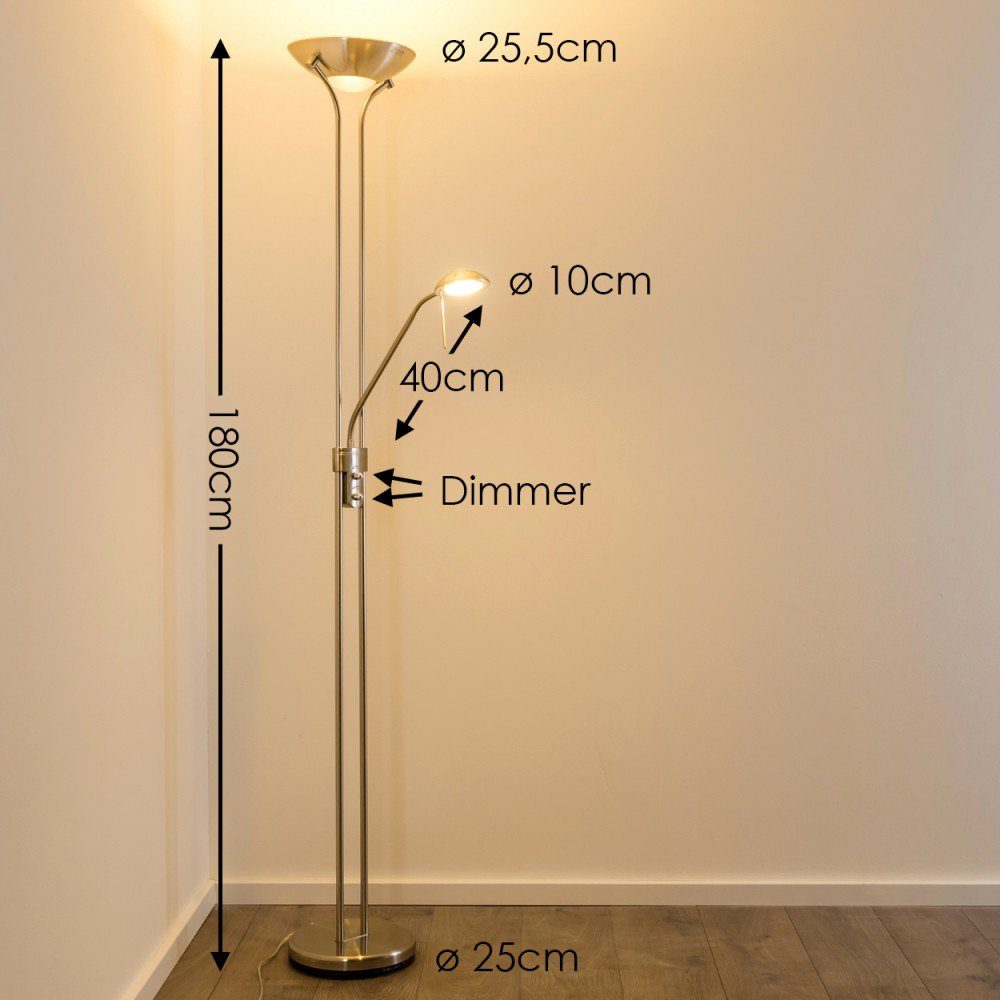 hofstein Deckenfluter »Roppa« dimmbare Stehleuchte aus Metall in Nickel-matt, 3000 Kelvin, Stehleuchte Drehdimmer, 1600 Lumen, 480 Lumen, verstellbarer Lesearm