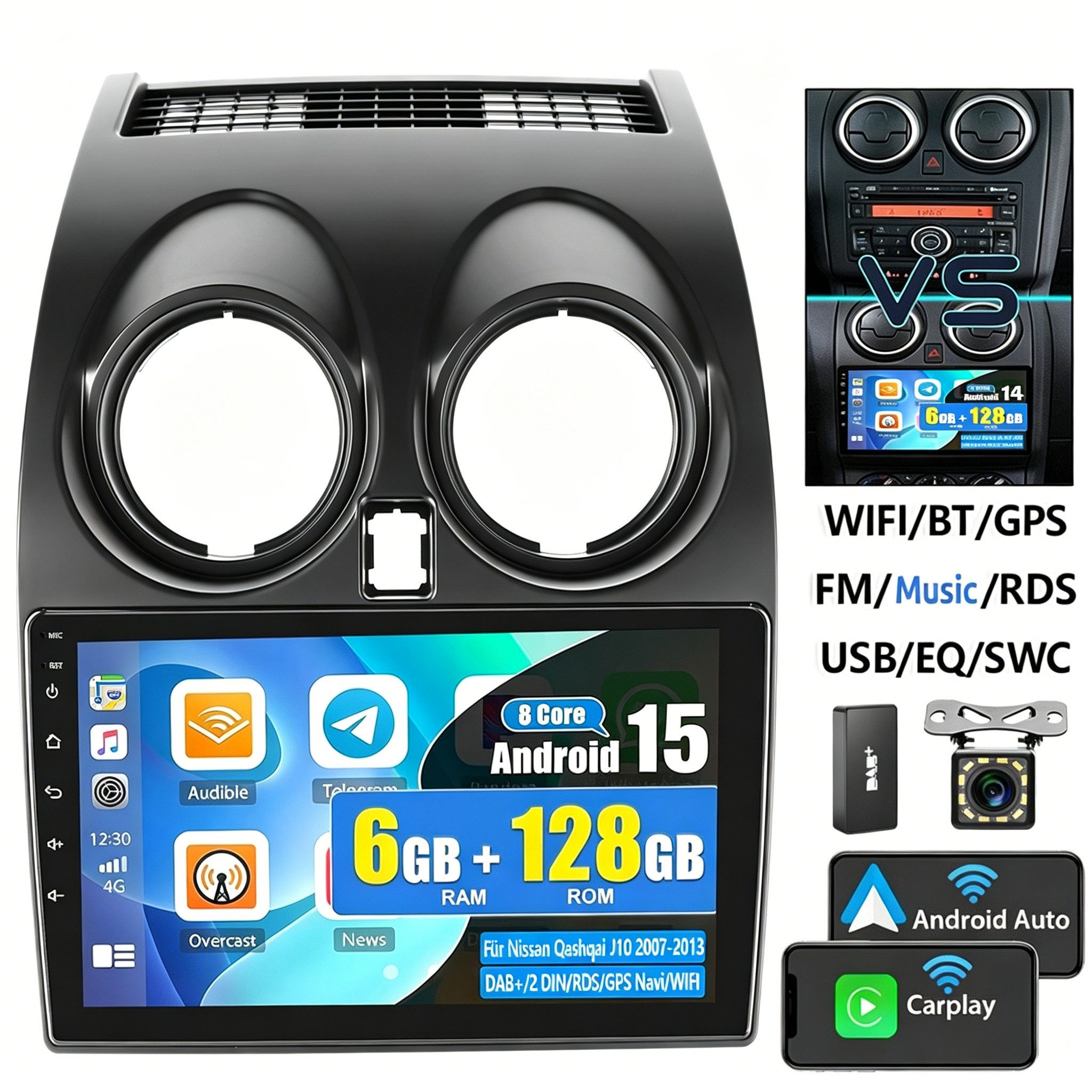 ESSGOO DAB+ Android 15 Für Nissan Qashqai J10 2007-2016 Autoradio 6+128G Autoradio (6GB+128GB, RDS, 4G, FM, AM, DAB+ (optional), Carplay Android Auto Bluetooth EQ USB GPS Navi WIFI Touchscreen)