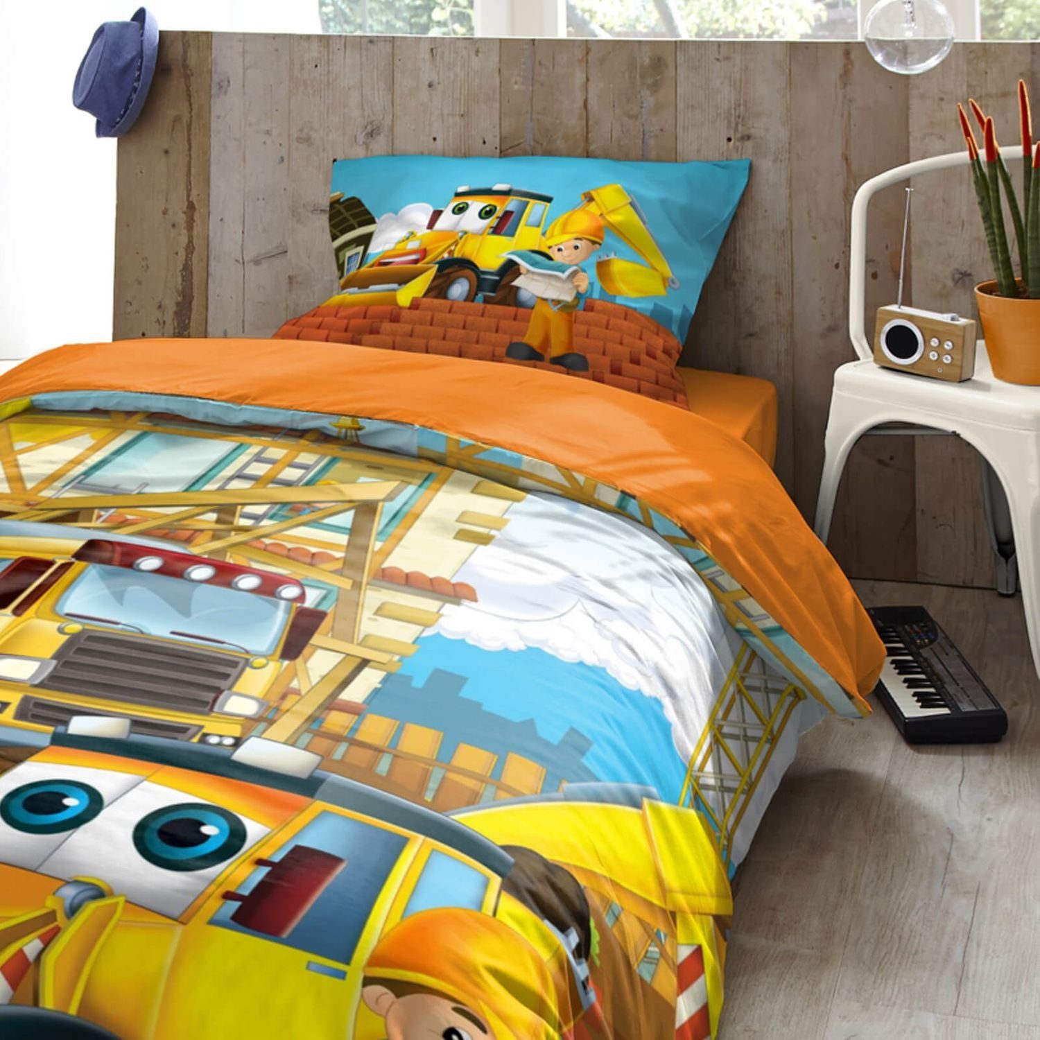 ESPiCO Kinderbettwäsche Baustelle Trendy Bedding, Renforcé, 2 teilig, Bauarbeiter, Bagger, Betonmischer