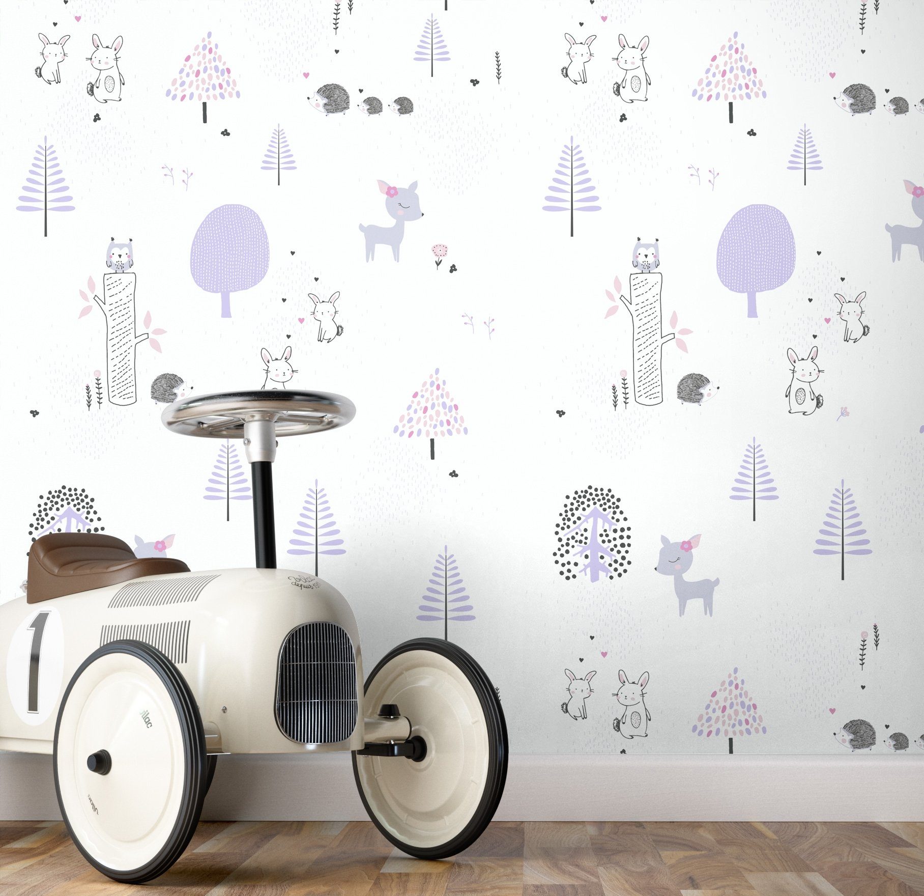 Newroom Vliestapete Nanda Tapete Kinderzimmertapete Tiere,Wald,Baum, Lila Tapete Kinder Tiere - Kinderzimmertapete Tiertapete Violett Weiß Wald Baum für Kinderzimmer Jugendzimmer Babyzimmer, Tiertapete