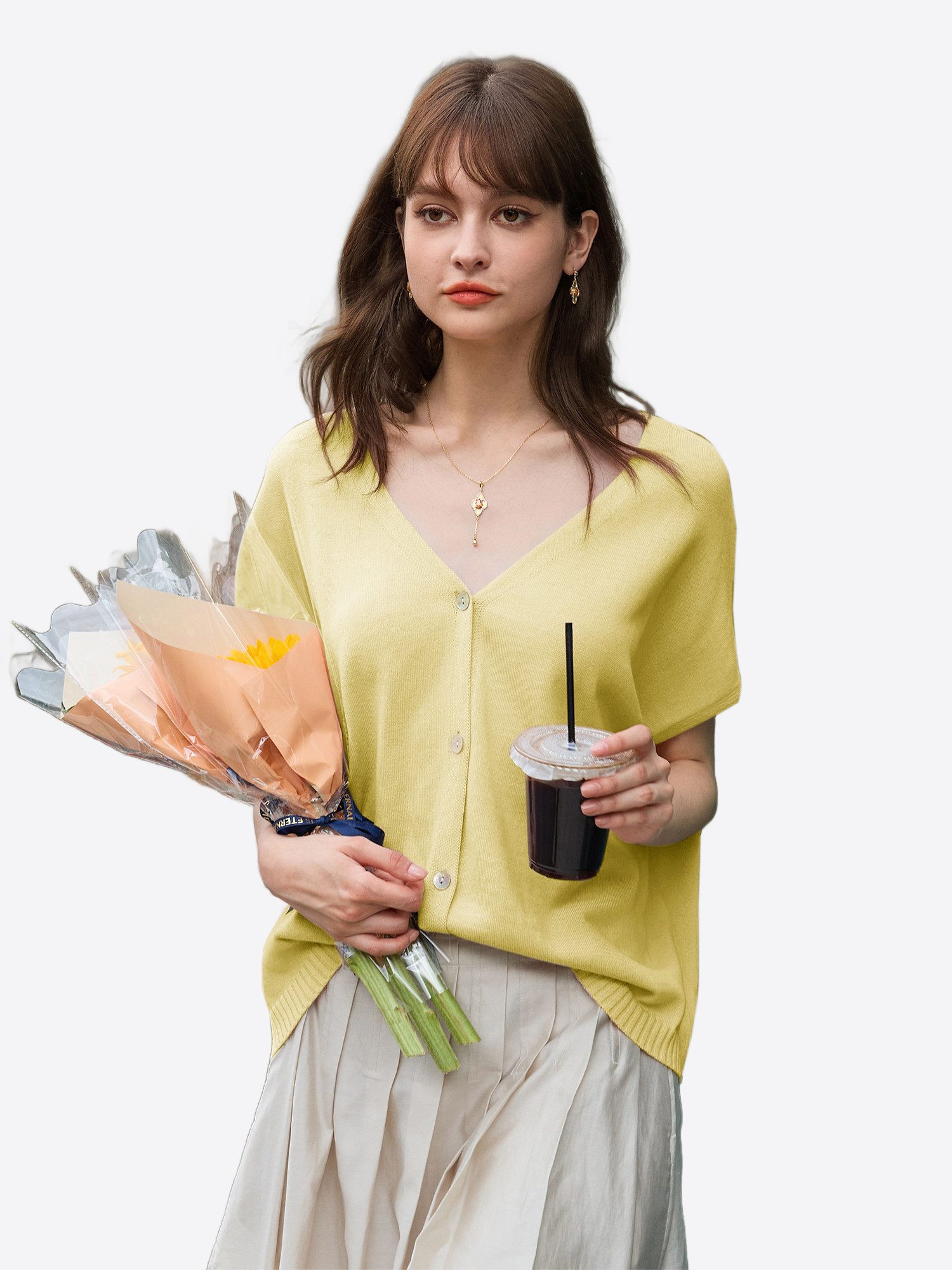 Imily Bela Cardigan Damen Kurzarm mit V-Ausschnitt Knopfleiste Loose Strick günstig online kaufen