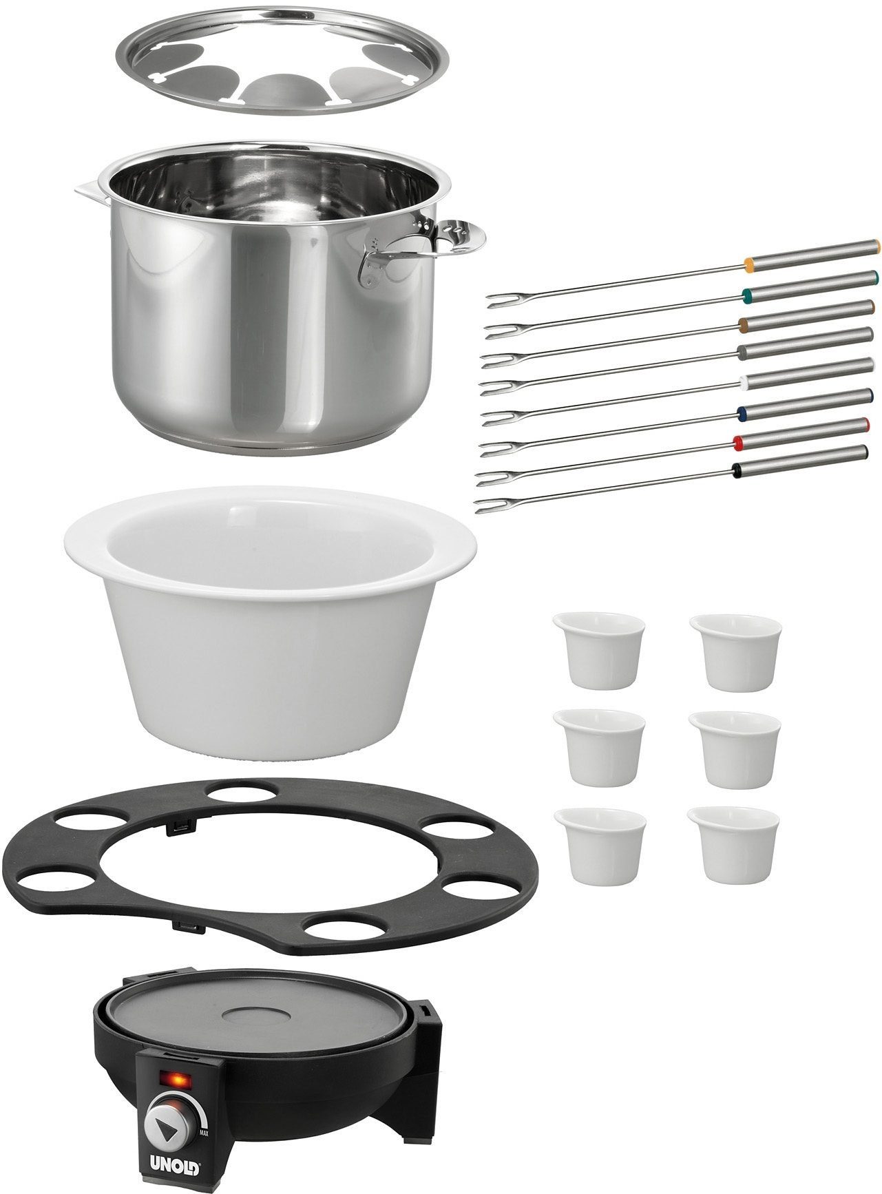 Unold Elektro-Fondue Élégance 48645, 8 Fonduegabeln, 1,5 l, mit sechs Saucen-Töpfchen