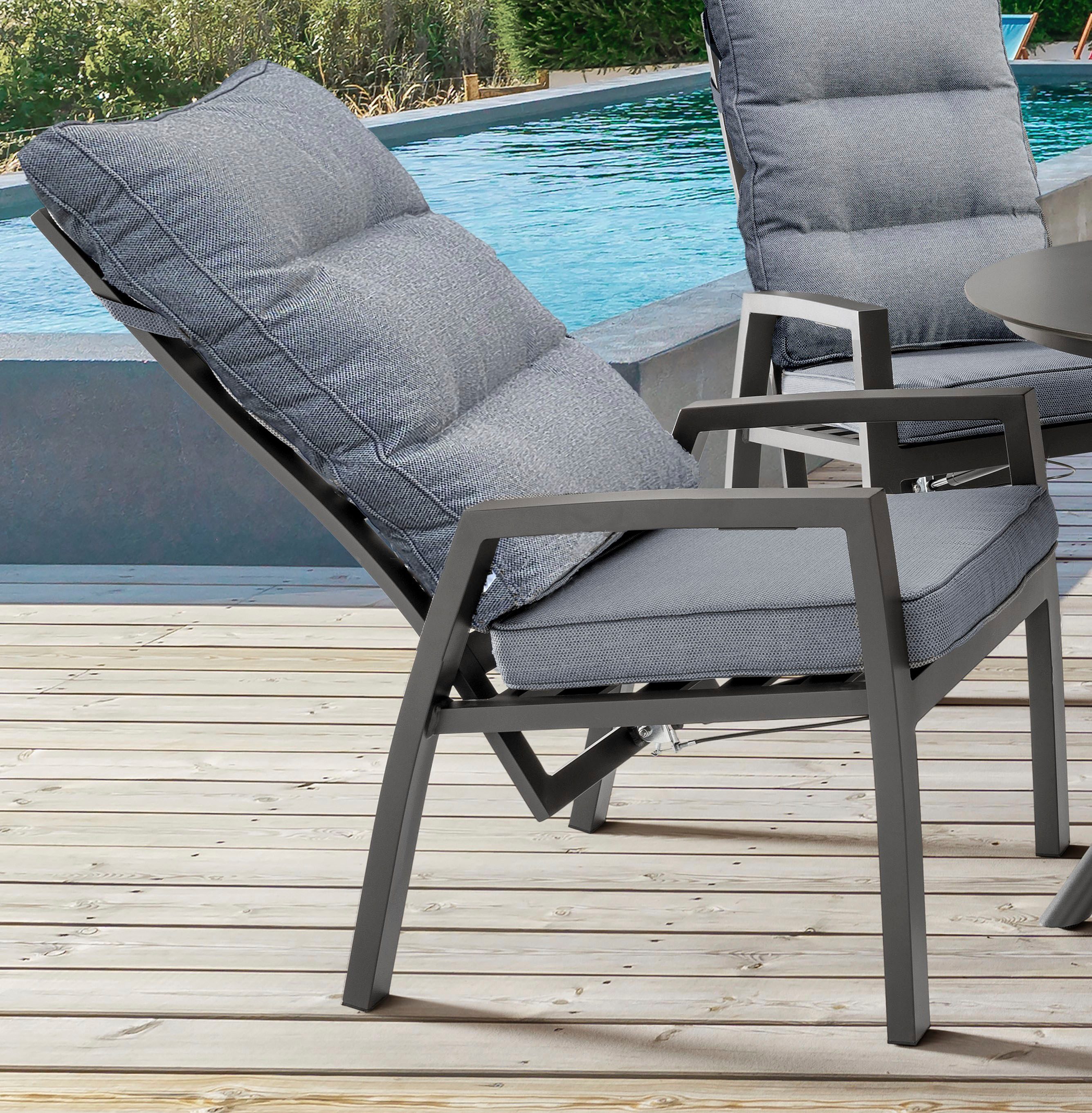 Destiny Garten-Essgruppe GARDA BARLETTA 4 HL + Tisch Ø110 cm, anthrazit, (Set, 9-tlg., 4 Hochlehner stufenlos verstellbar, inkl. Polster, 1 Tisch), Aluminium, HPL