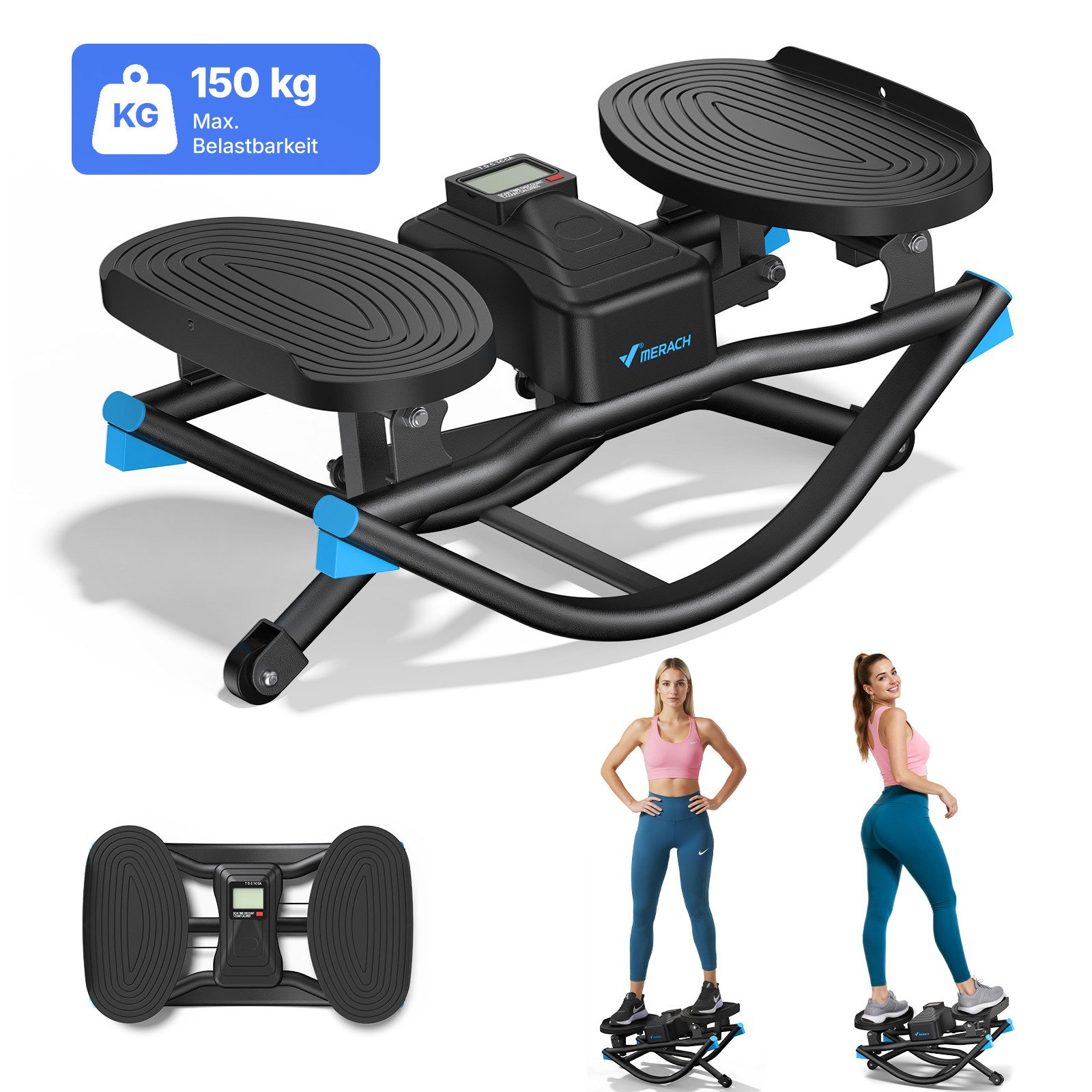 MERACH Stepper mit 3D-Seitwärtsbewegung und LCD-Display (Mini-Stepper Heimtrainer mit rutschfesten Pedalen, 1-tlg., U-Form Stepper inklusive Trainingscomputer für Zuhause), Gelenkschonend, leise & platzsparend, max. 150 kg