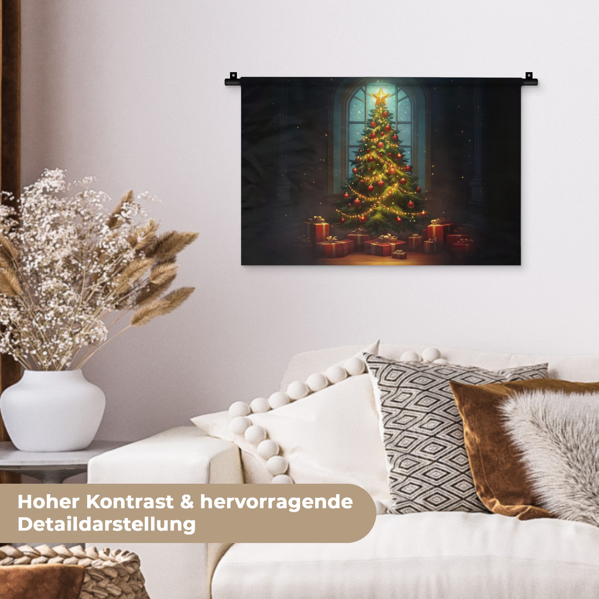 MuchoWow Wandteppich Weihnachtsbaum - Geschenk - Winter, Rechteckig, Höhe: 3 mm, Wandteppich für Wohnzimmer, Schlafzimmer, 60x40 cm