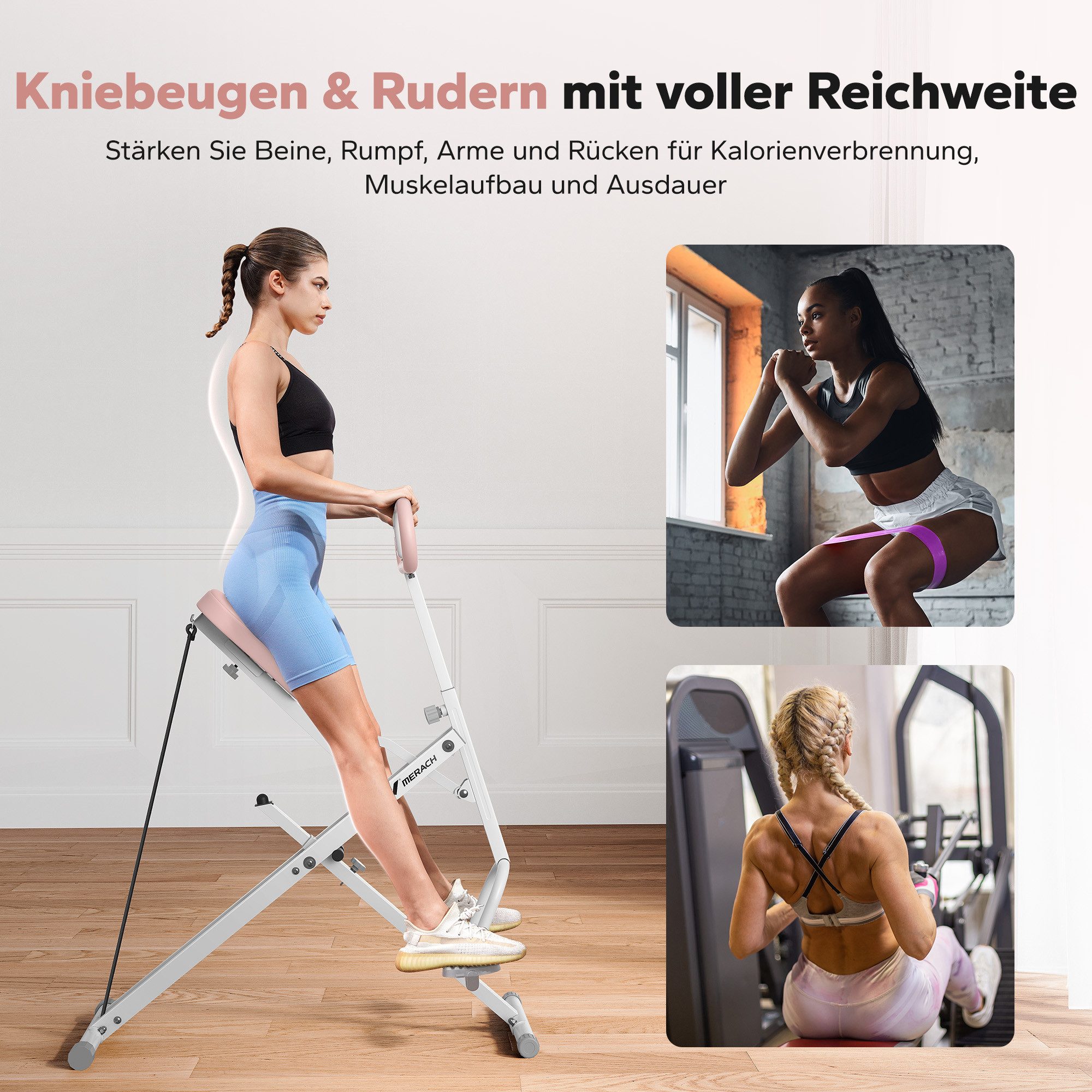MERACH Bauchtrainer Fitnessgerät für Zuhause, Bauchmuskeltrainer, Rückentrainer (3 einstellbare Widerstandsbänder, bis 158 kg belastbar, klappbar, Platzsparend, verstellbarem Sitz, Armlehne und Lenker, LCD-Monitor), Kniebeugentrainer, Heimtrainer, Bauchtrainer für Ganzkörpertraining
