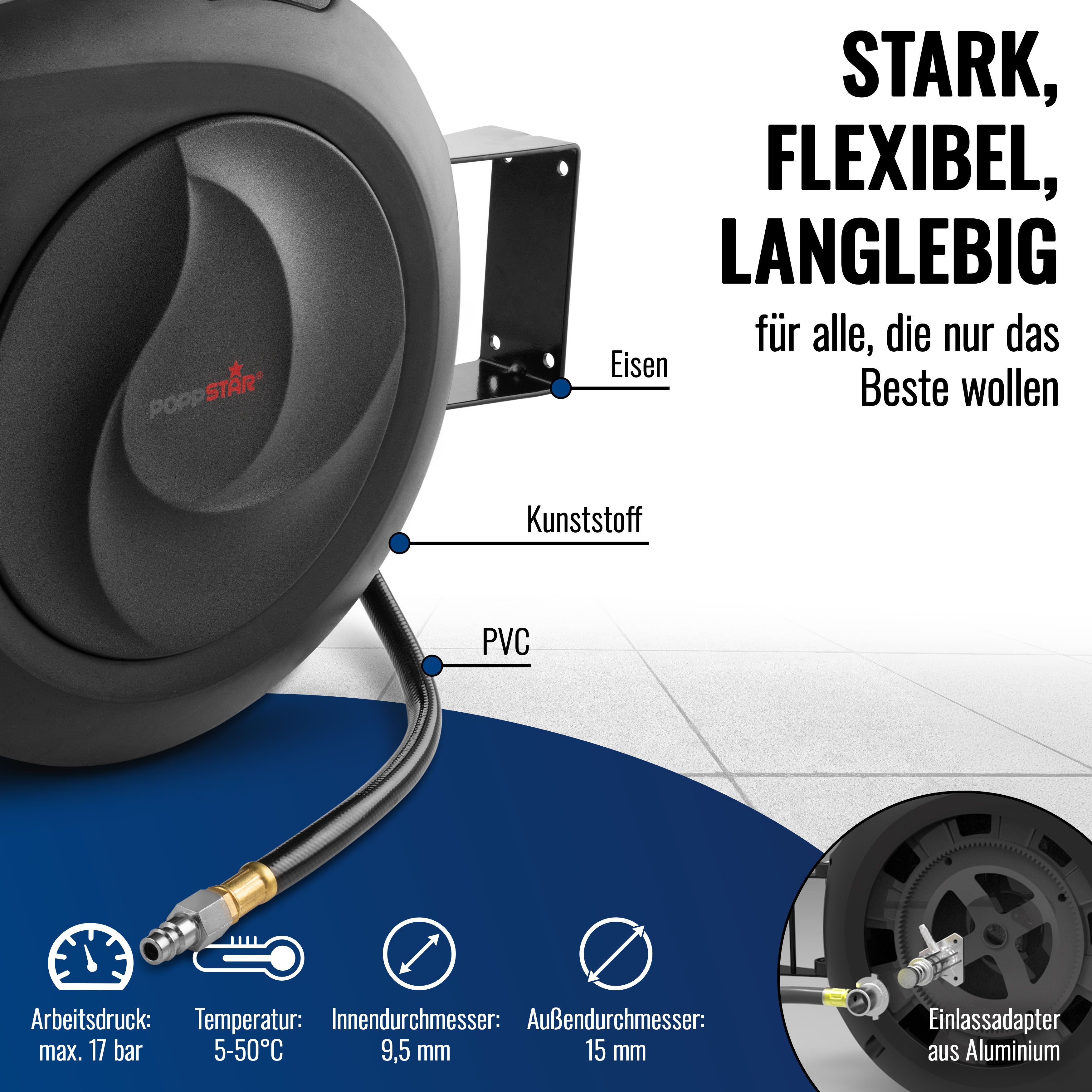 Poppstar Schlauchbox Druckluft-Schlauchtrommel 30m + 2m Premium, (Automatik Schlauchaufroller), mit 30m Druckluft-Schlauch (180° schwenkbar, mit Wandhalterung)