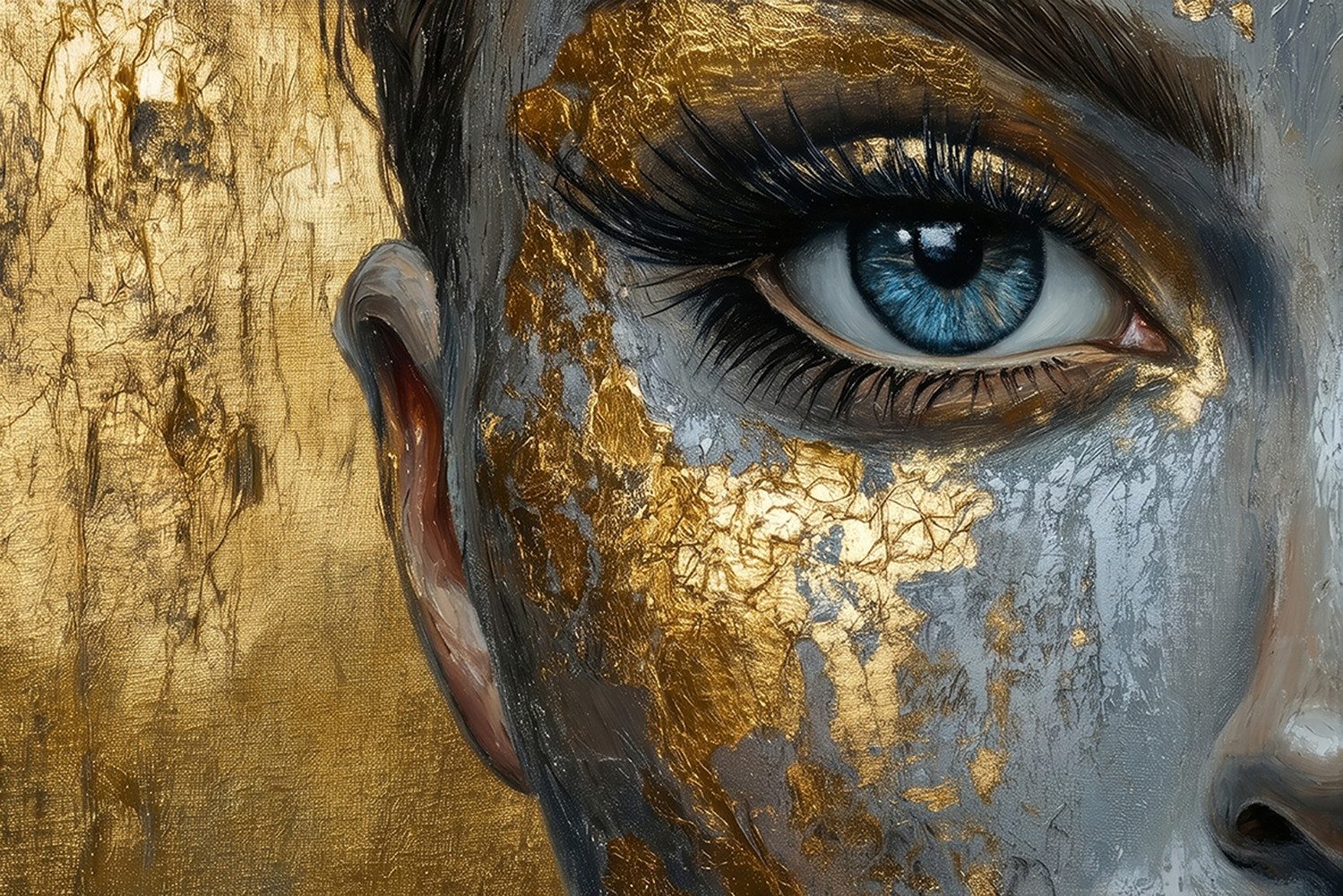 queence Acrylglasbild Wandbild, Goldbild, Bild Detailbild blaues Auge, Abstrakte, Fantasy, Kunst, Handveredelt mit Blattgold für eine edle und zeitlose Optik.