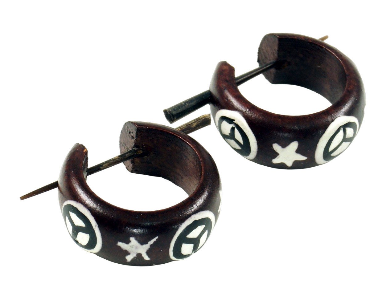 Guru-Shop Paar Ohrhänger Creole aus Holz, Ethno Holzohrring - Peace