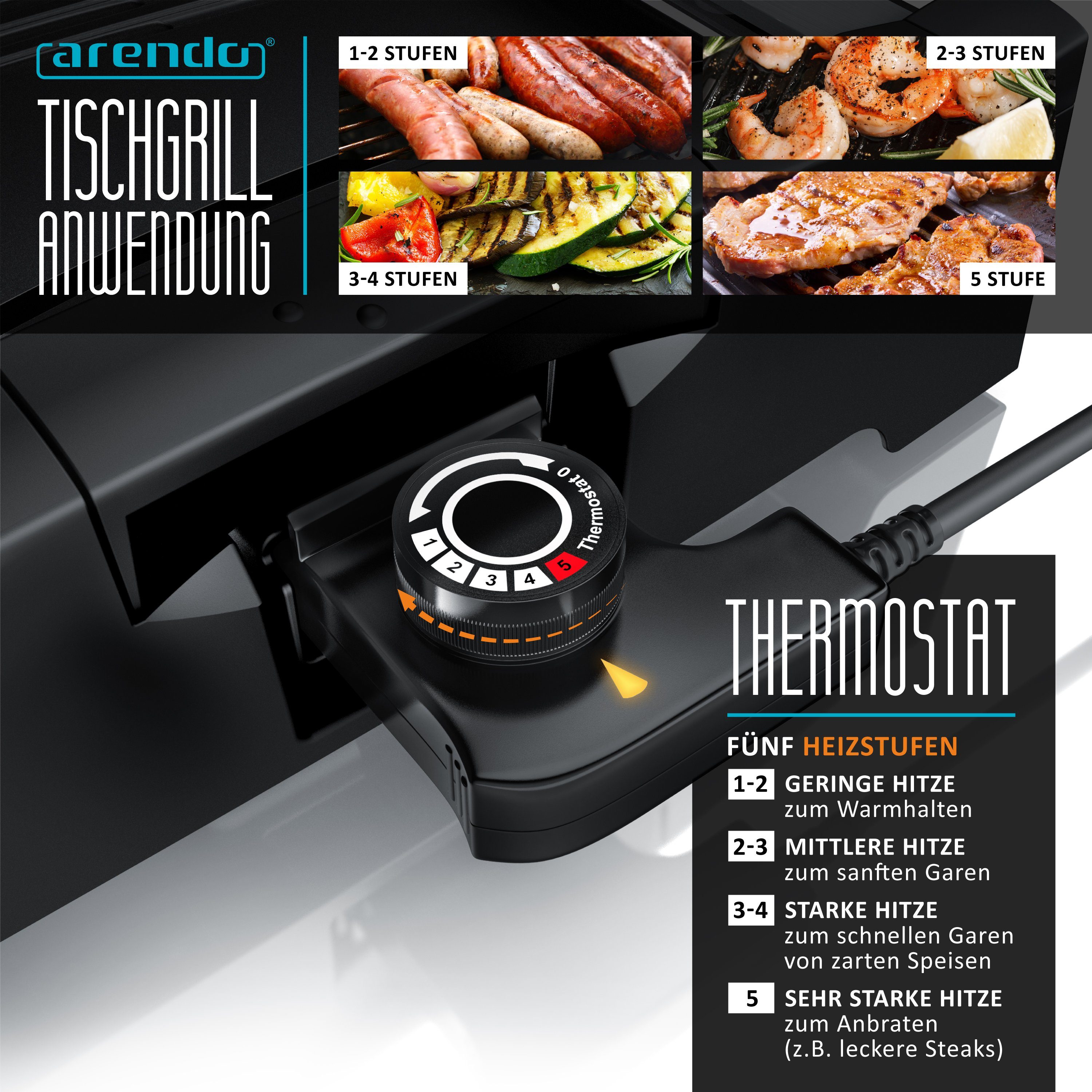 Arendo Tischgrill Gourmet Elektrogrill mit Glasabdeckung, Edelstahl, mit 5 Stufen, 1800 W, Antihaftbeschichtung, Temperaturregelung, für Balkon, Garten & Indoor