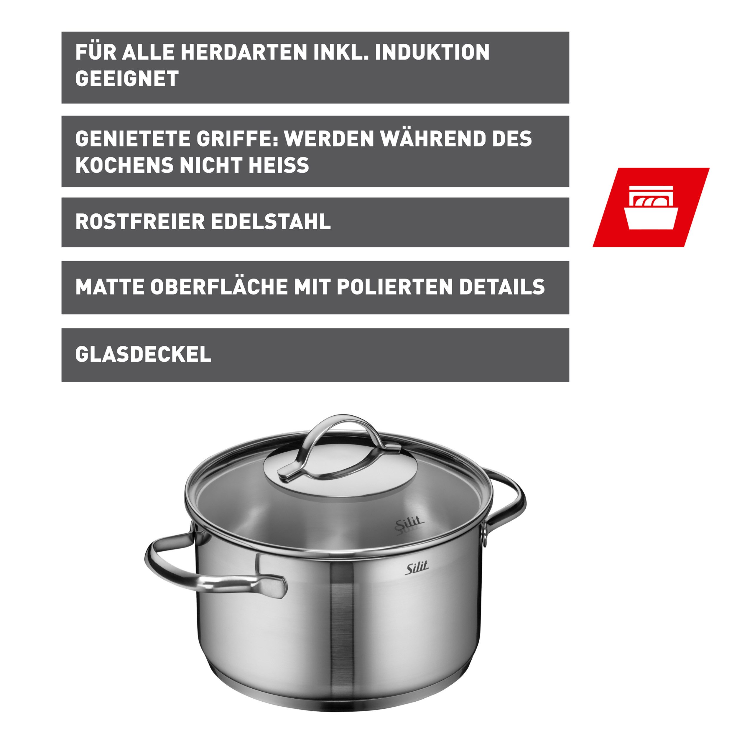Silit Kochtopf Achat, Topf mit Deckel, Edelstahl 18/10 (2-tlg), rostfrei, Silitherm-Allherdboden, induktionsgeeignet
