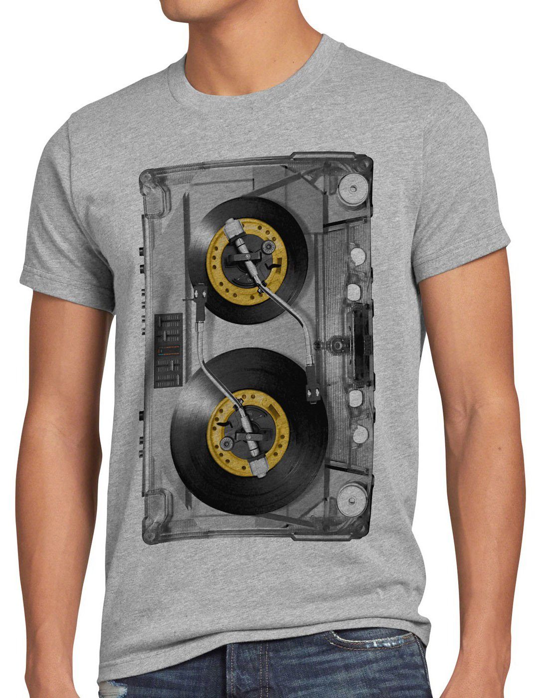 style3 Print-Shirt Herren T-Shirt DJ Tape mc musik disco 80er 90er retro kassette analog vinyl CD grau meliert